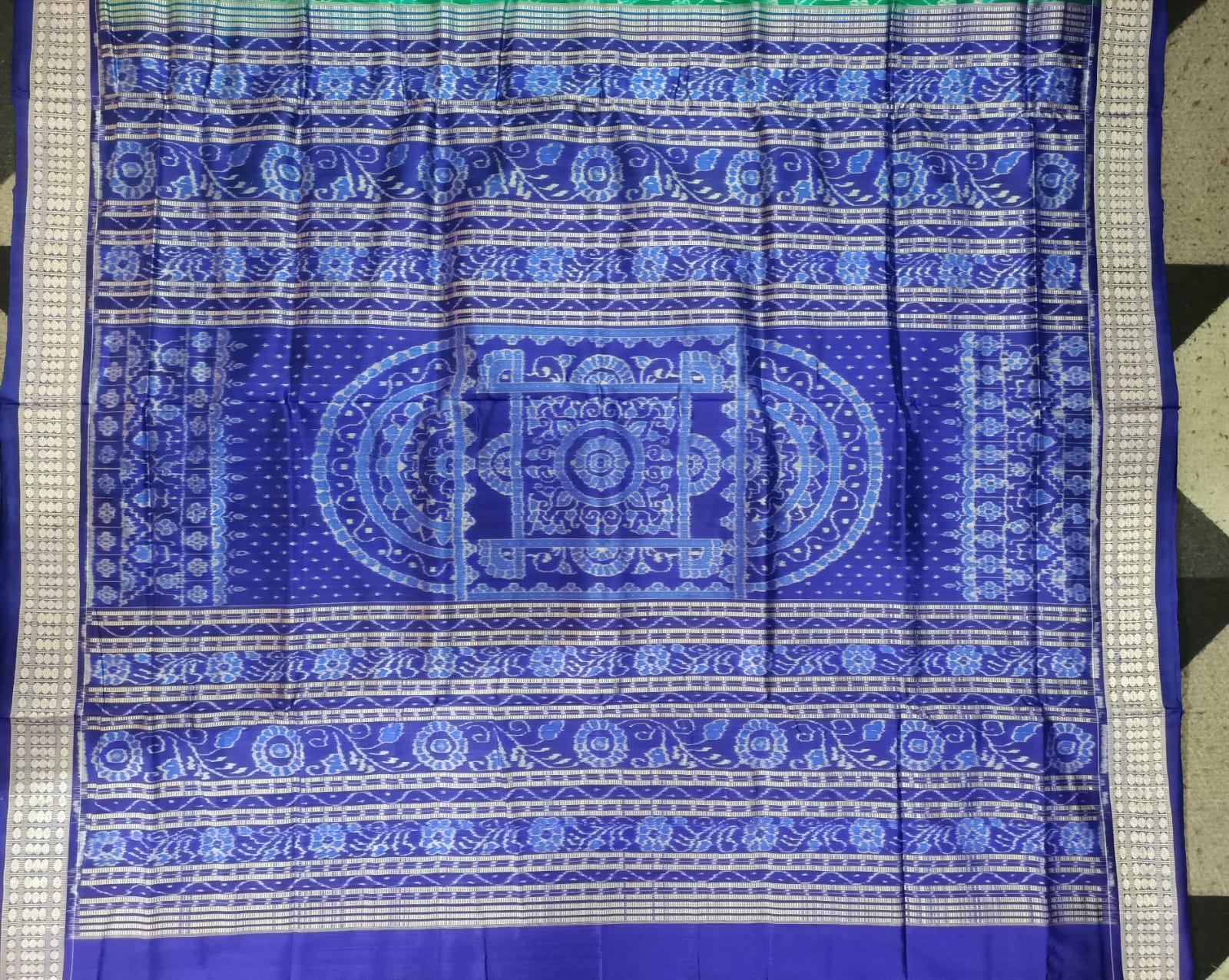 Sea Green Blue Scot Elephant Design Sambalpuri Silk Saree