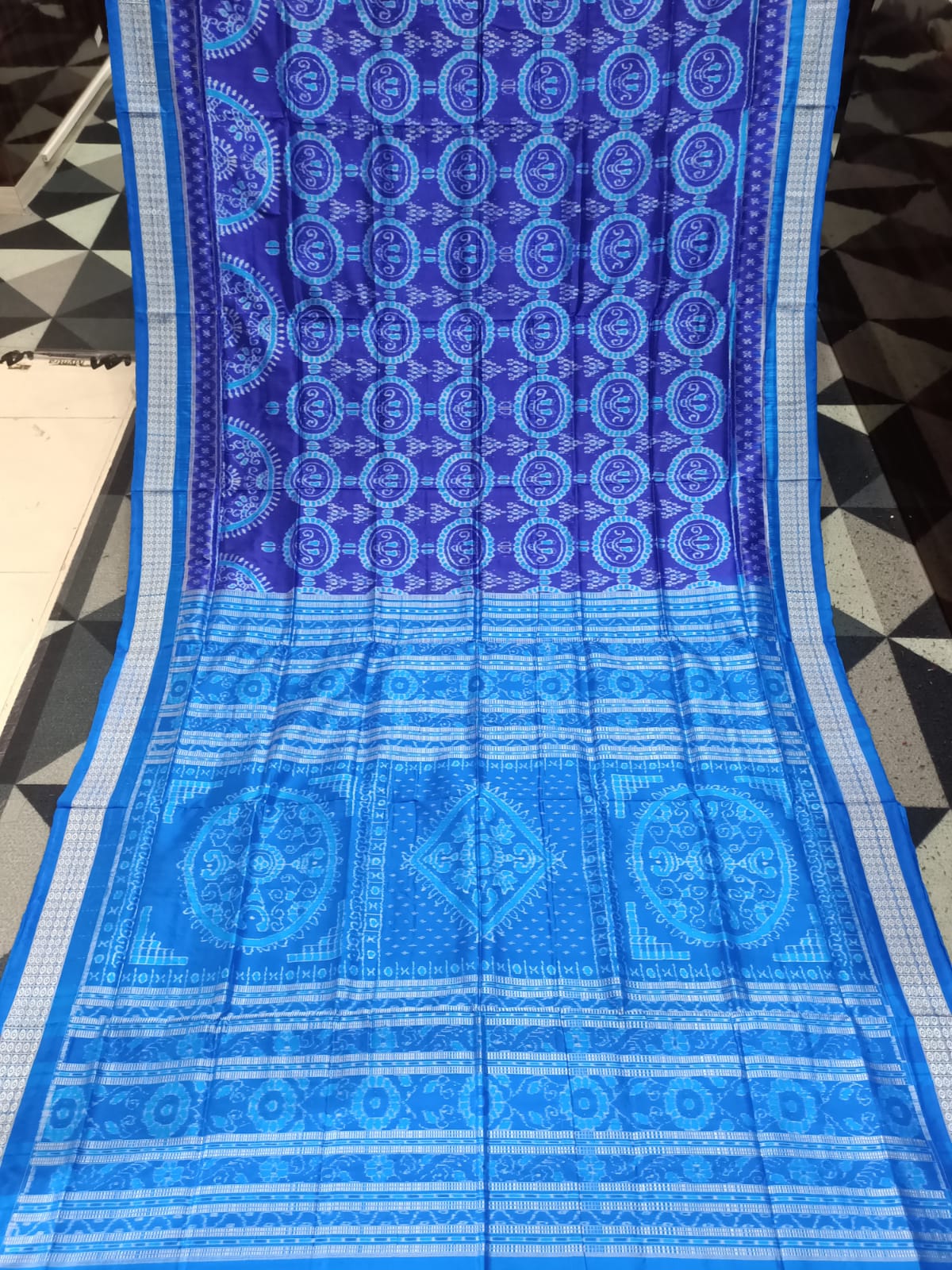 Blue Copper Sulphate Laxmi Pada And Jhoti Design Sambalpuri Silk Saree
