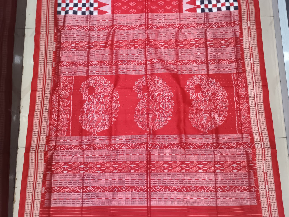 Red White Black Scot Pasapali Design Sambalpuri Silk Saree