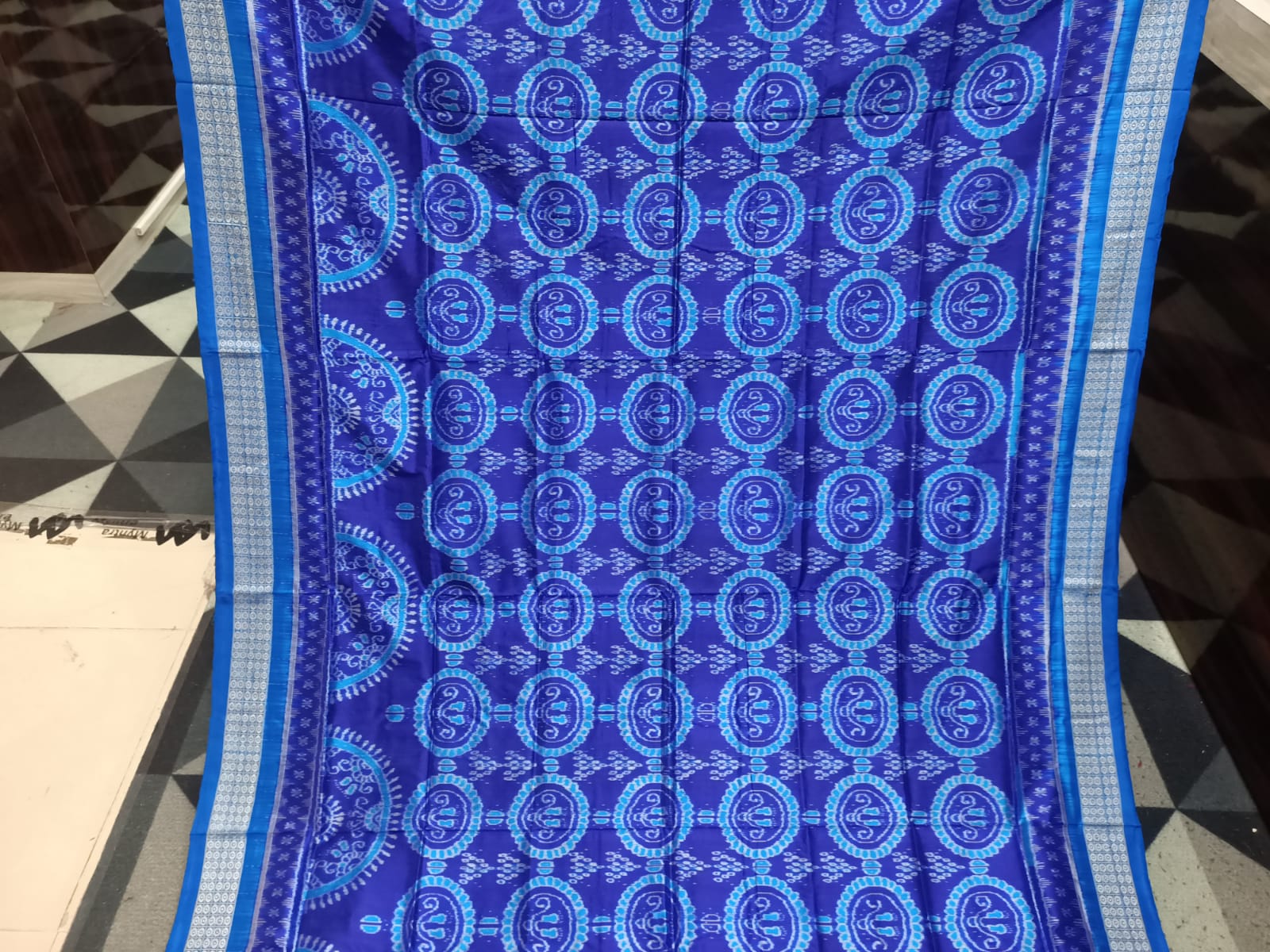 Blue Copper Sulphate Laxmi Pada And Jhoti Design Sambalpuri Silk Saree