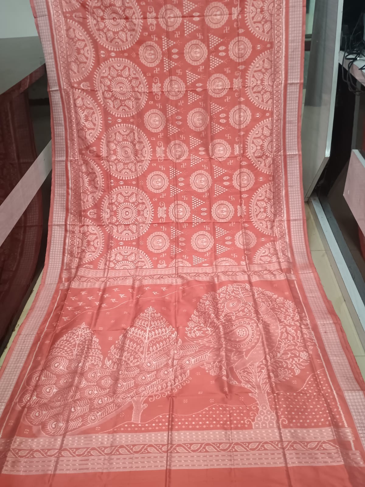 Peach Traditional Motive Design Sambalpuri Silk Saree