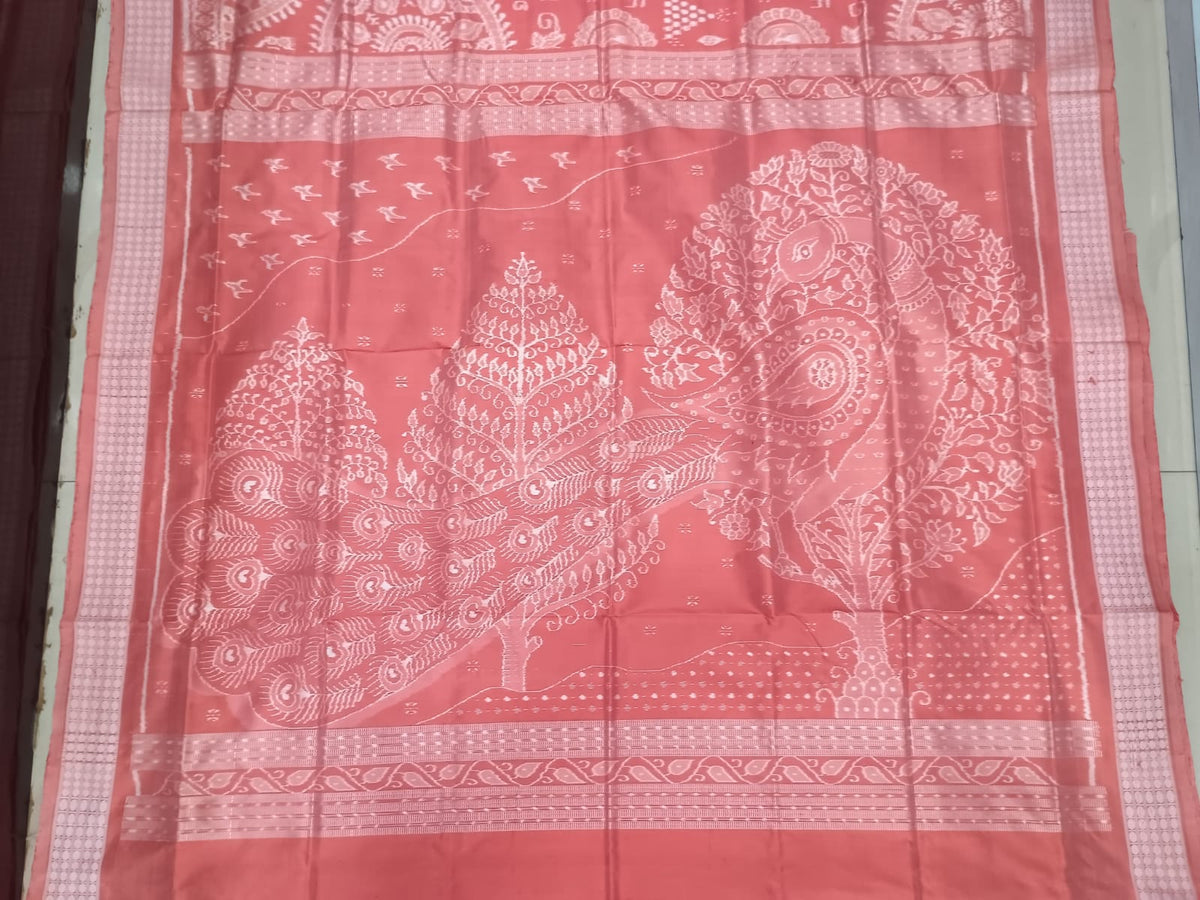 Peach Traditional Motive Design Sambalpuri Silk Saree