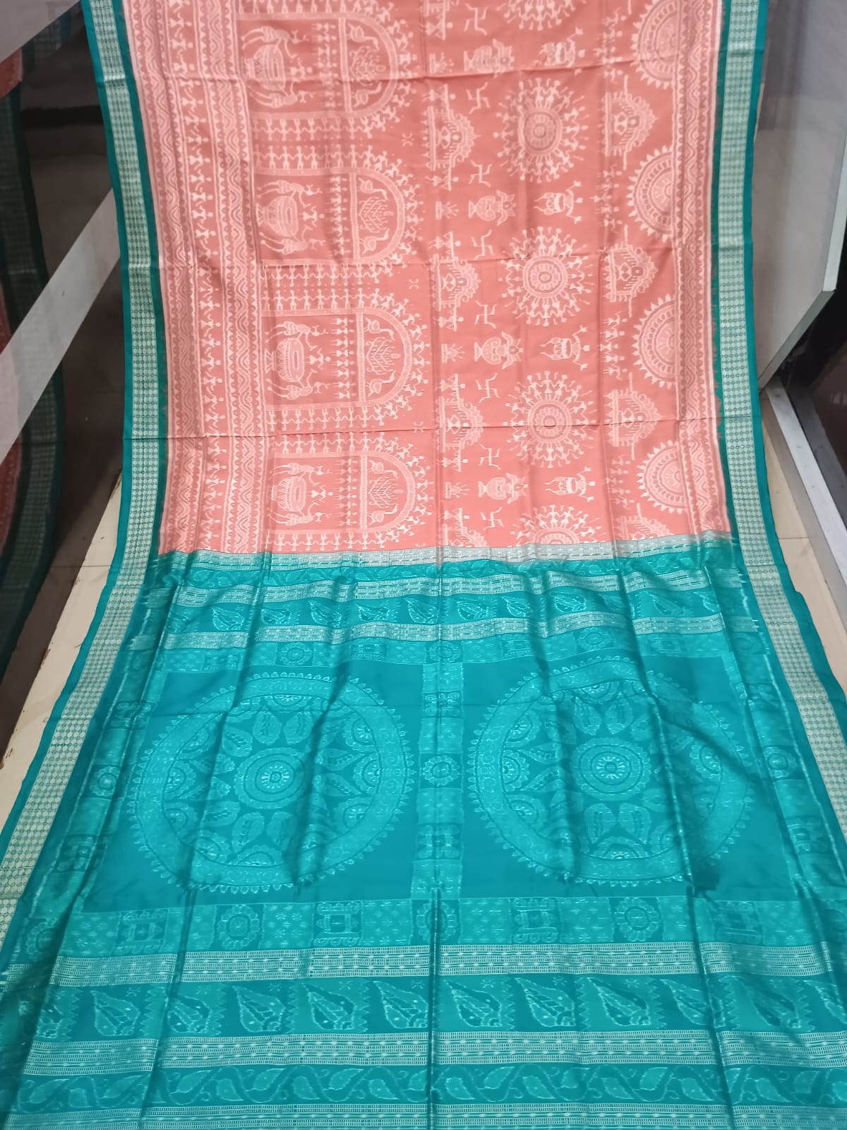 Peach Rama Green Tribal Design Sambalpuri Silk Saree