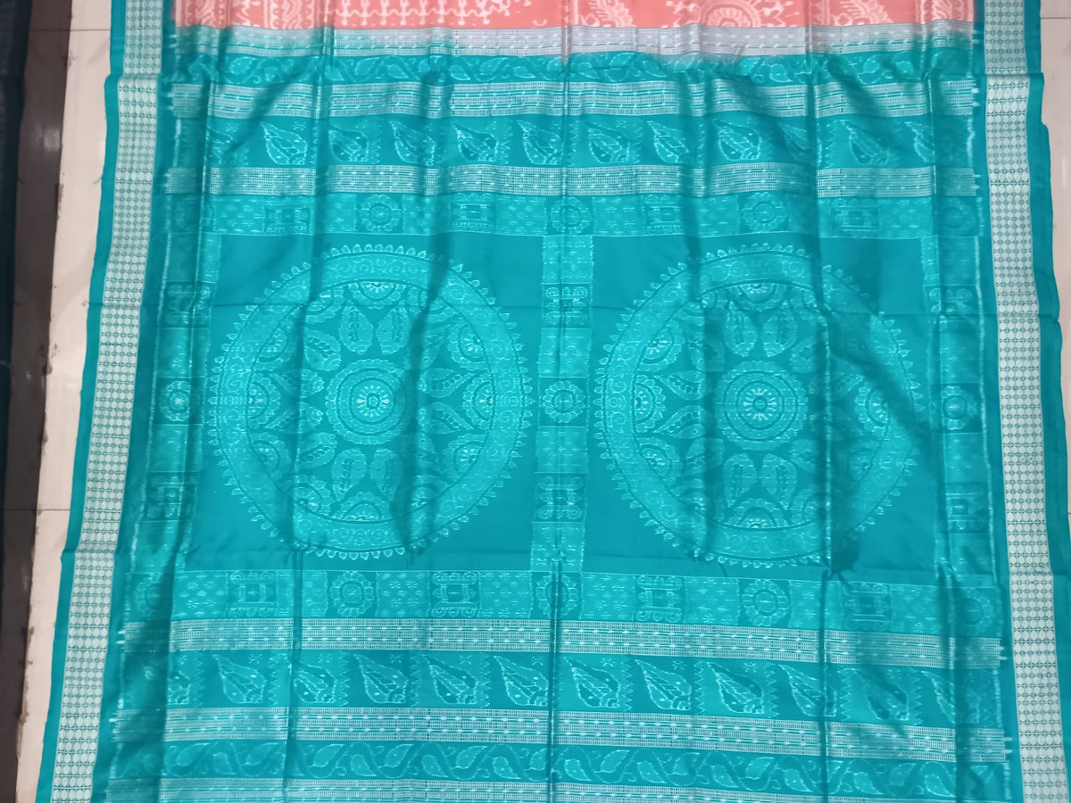 Peach Rama Green Tribal Design Sambalpuri Silk Saree