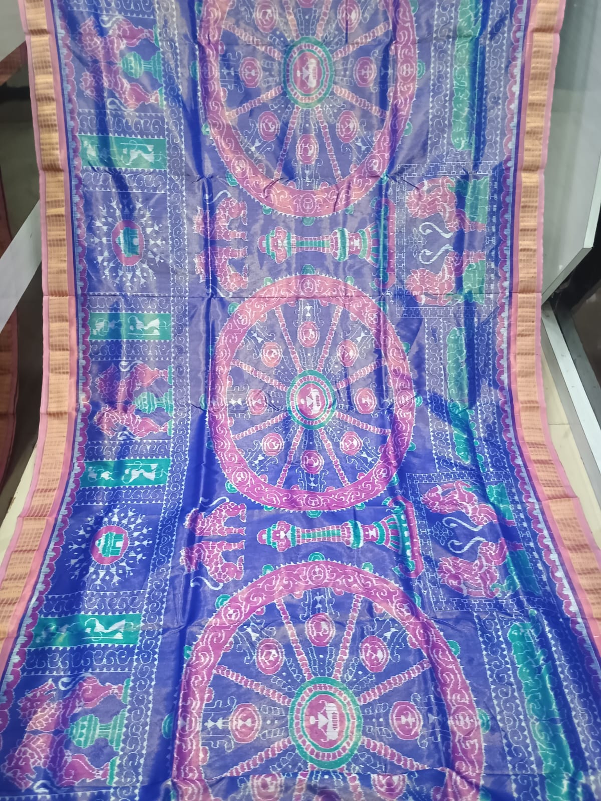 Blue Peach Konark Wheel Full Tissue Sambalpuri Silk Saree