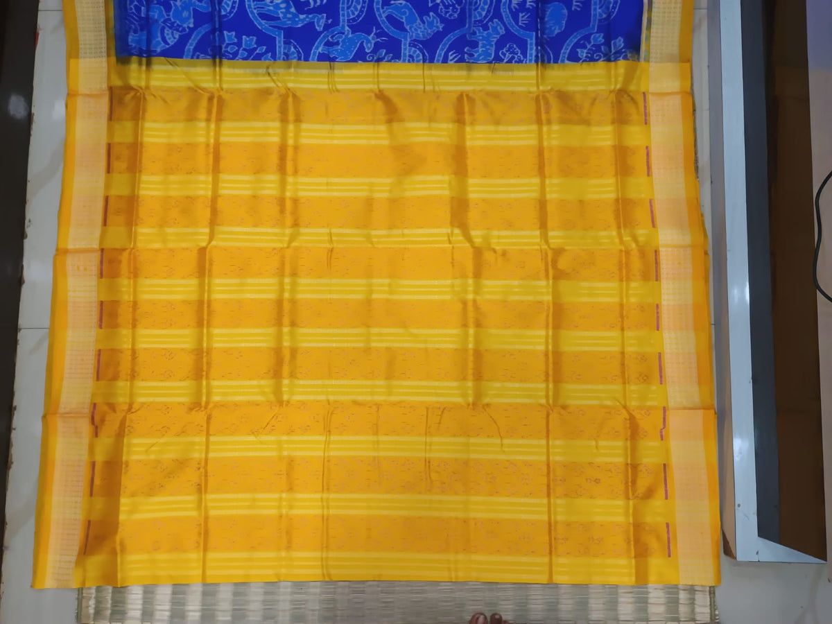 Blue Yellow Dual Animal Design Sambalpuri Silk Saree