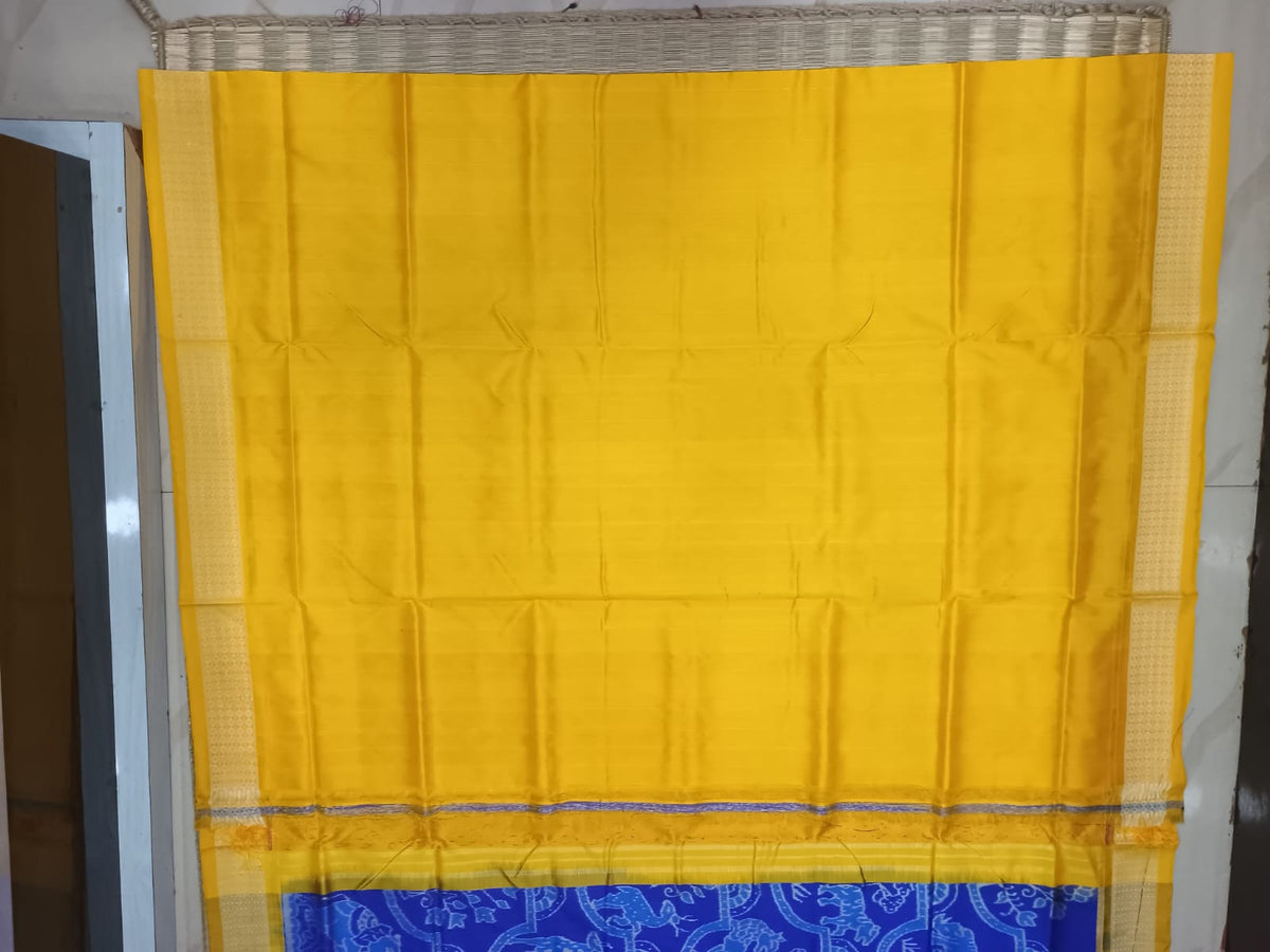 Blue Yellow Dual Animal Design Sambalpuri Silk Saree