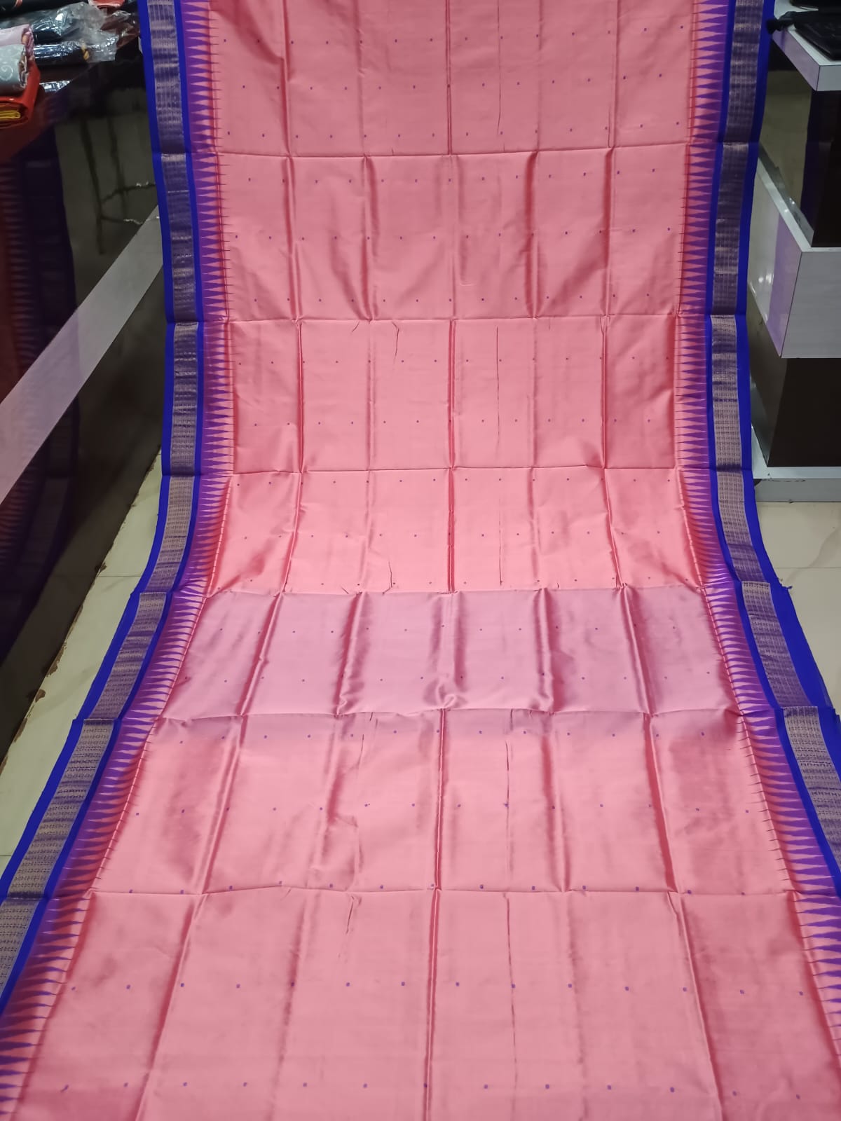 Peach Blue Buti Bomkai Half Tissue Silk Saree