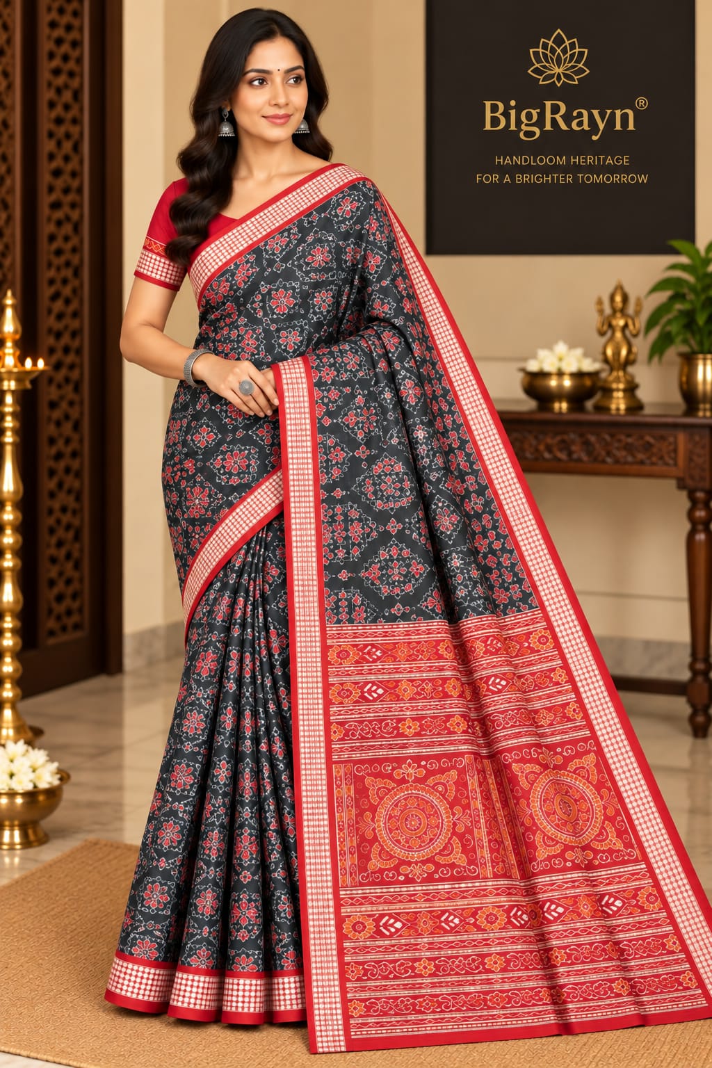 Black Red Full Body Box Tribal & Scot Tree  Design Sambalpuri Silk Saree