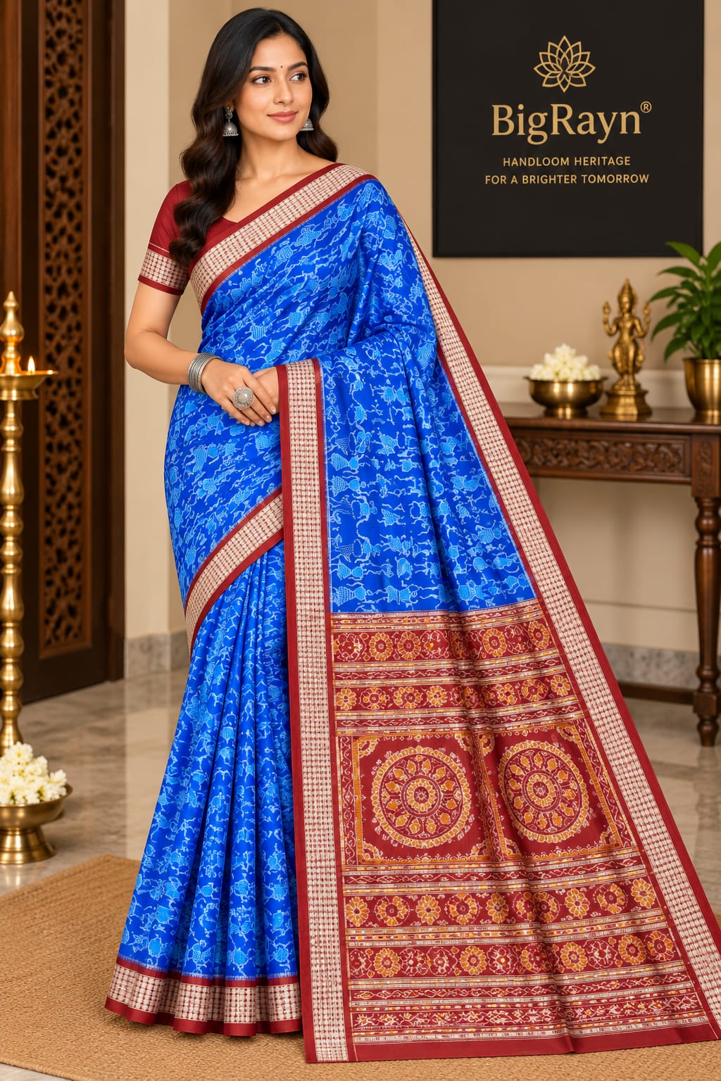 Blue Maroon Adibasi Dance Design Sambalpuri Silk Saree