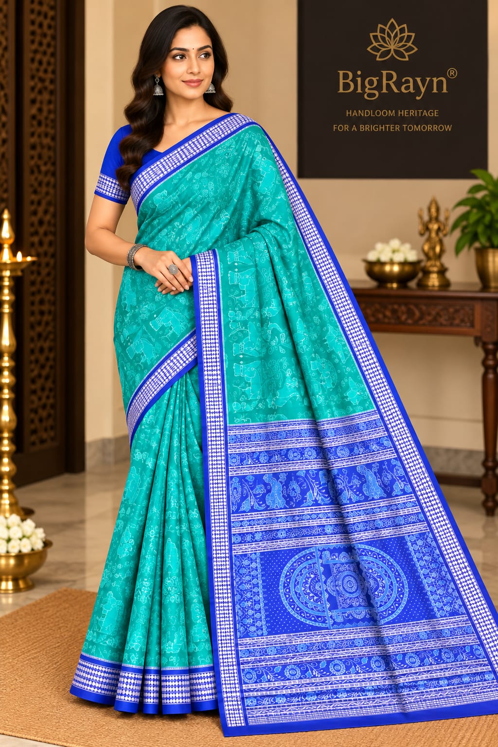 Sea Green Blue Scot Elephant Design Sambalpuri Silk Saree