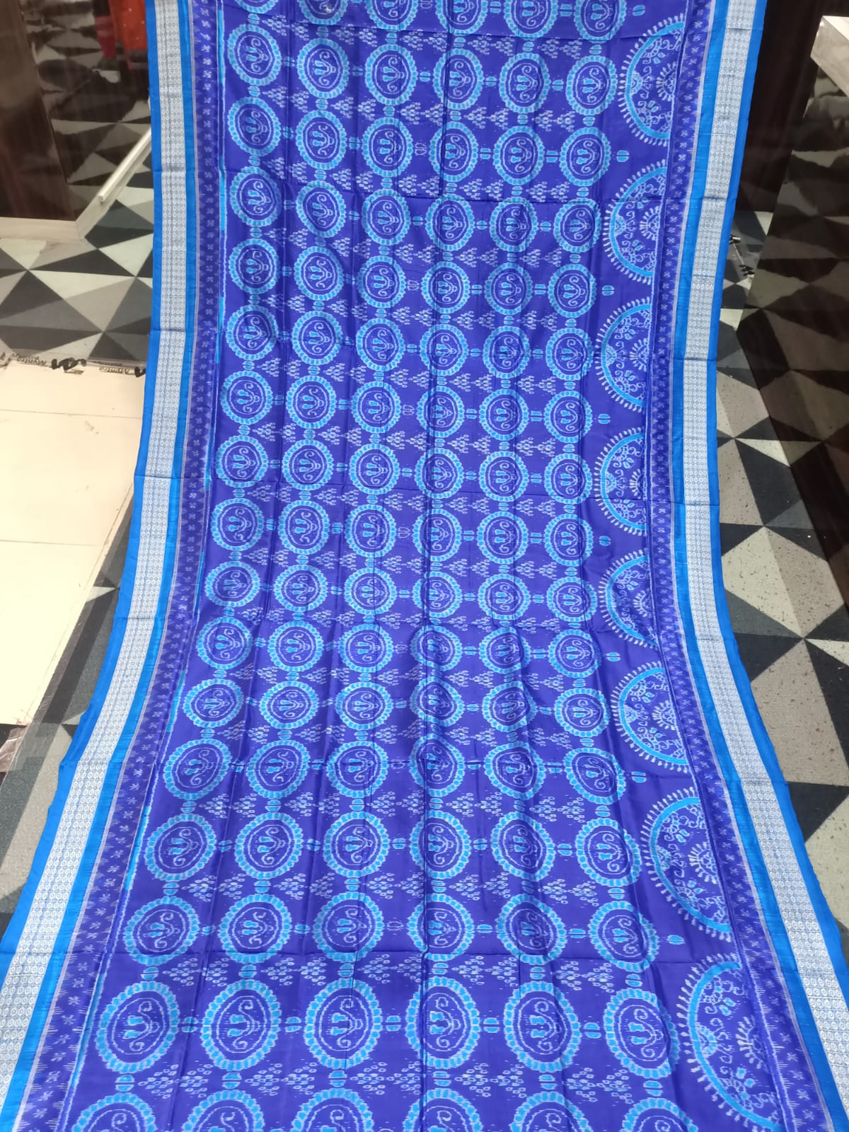 Blue Copper Sulphate Laxmi Pada And Jhoti Design Sambalpuri Silk Saree