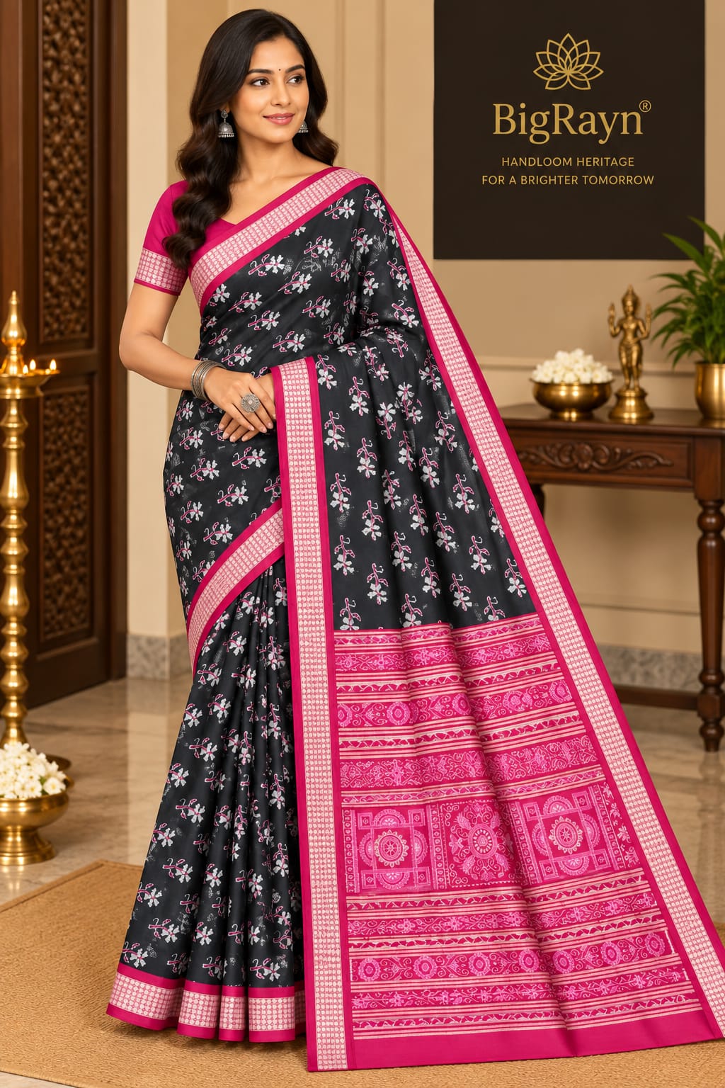 Black Magenta Full Body Flower Design Sambalpuri Silk Saree