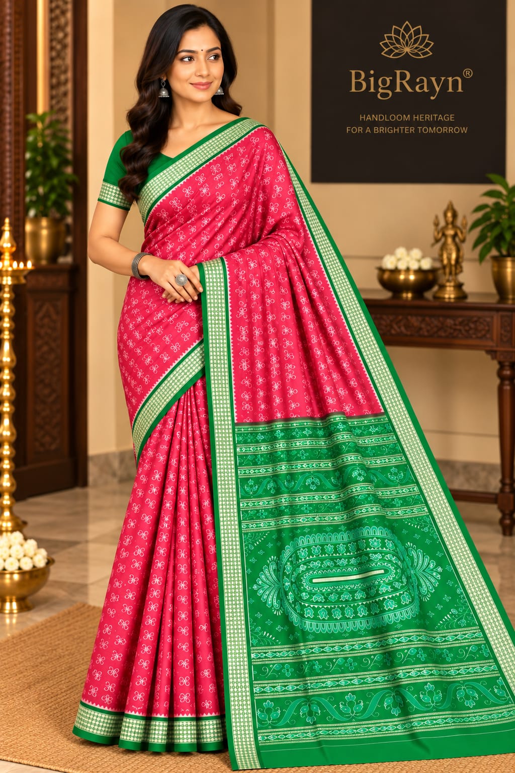 Peach Green Tree Design Sambalpuri Silk Saree
