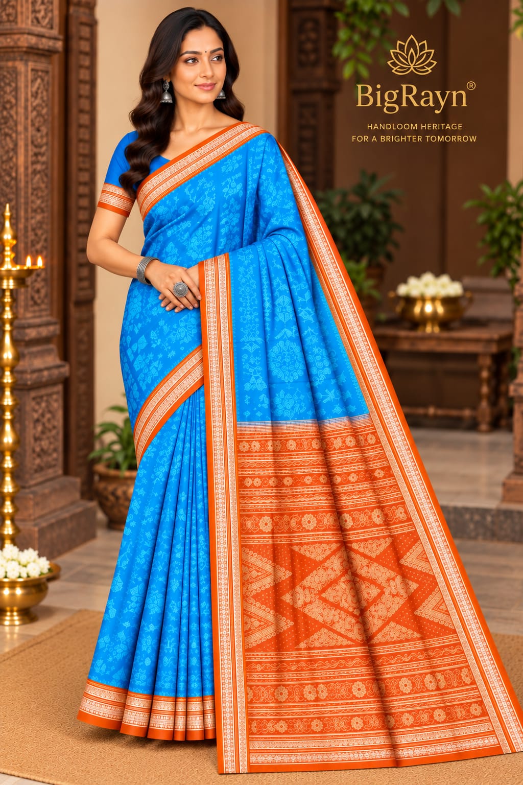 Copper Sulphate Rust Tree & Scot Elephant Design Sambalpuri Silk Saree