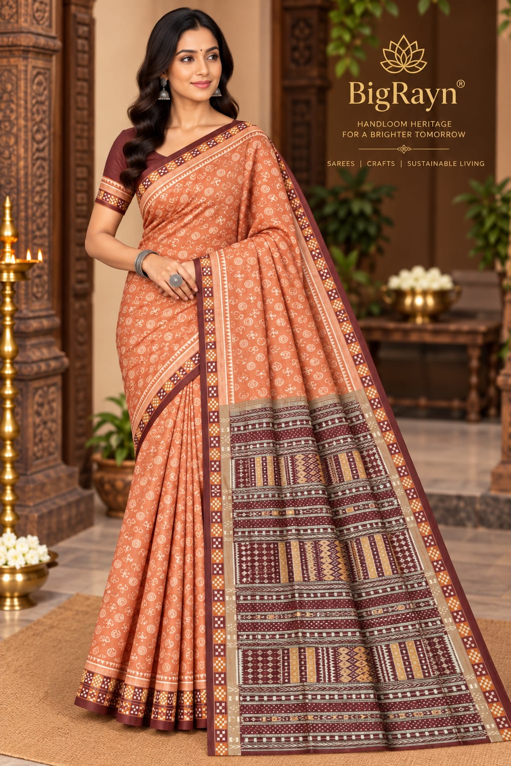 Light Brown Coffee Border Pasapali Tribal & Flower Design Sambalpuri Silk Saree