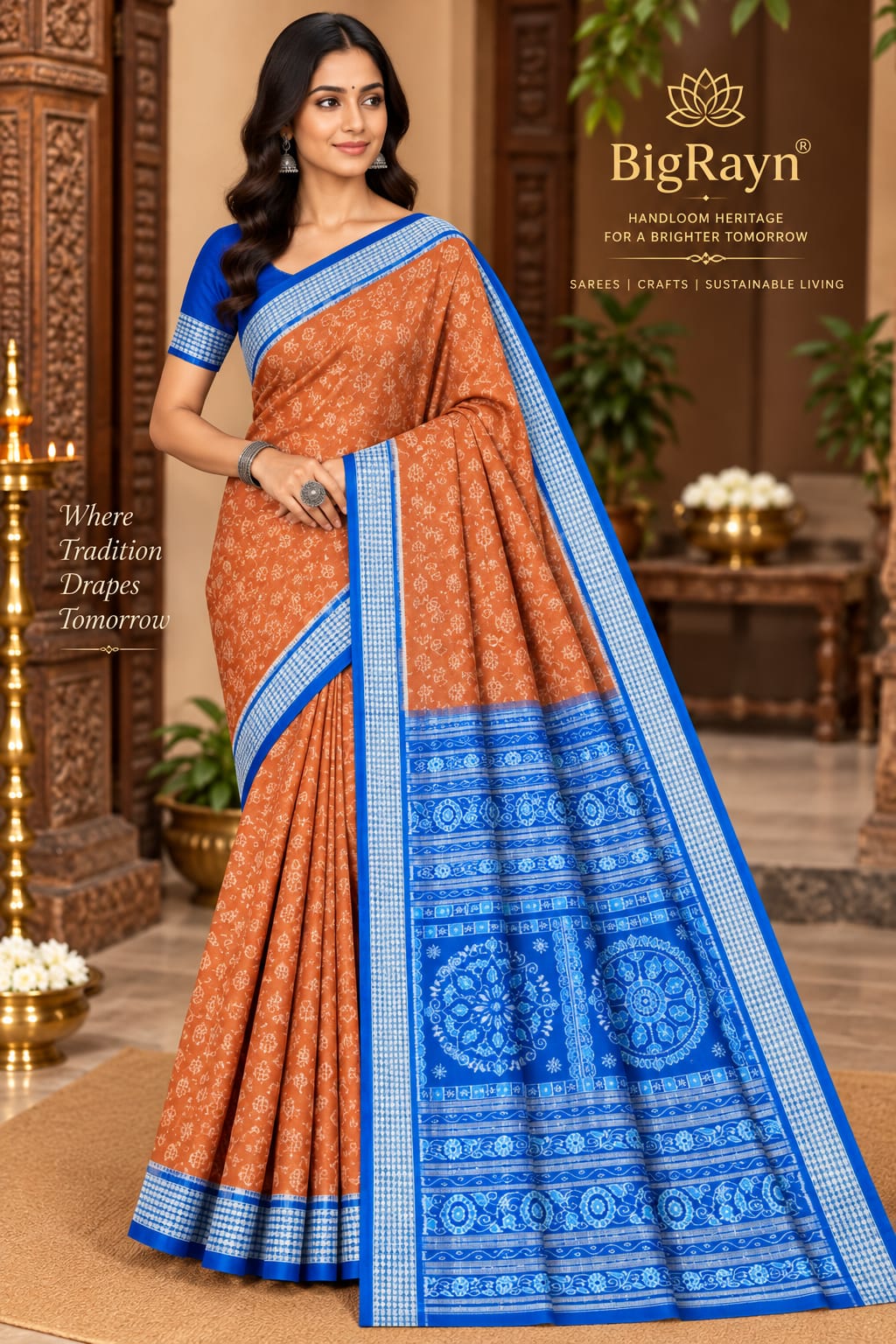 Rust-Brown Blue Tribal & Flower Design Sambalpuri Silk Saree