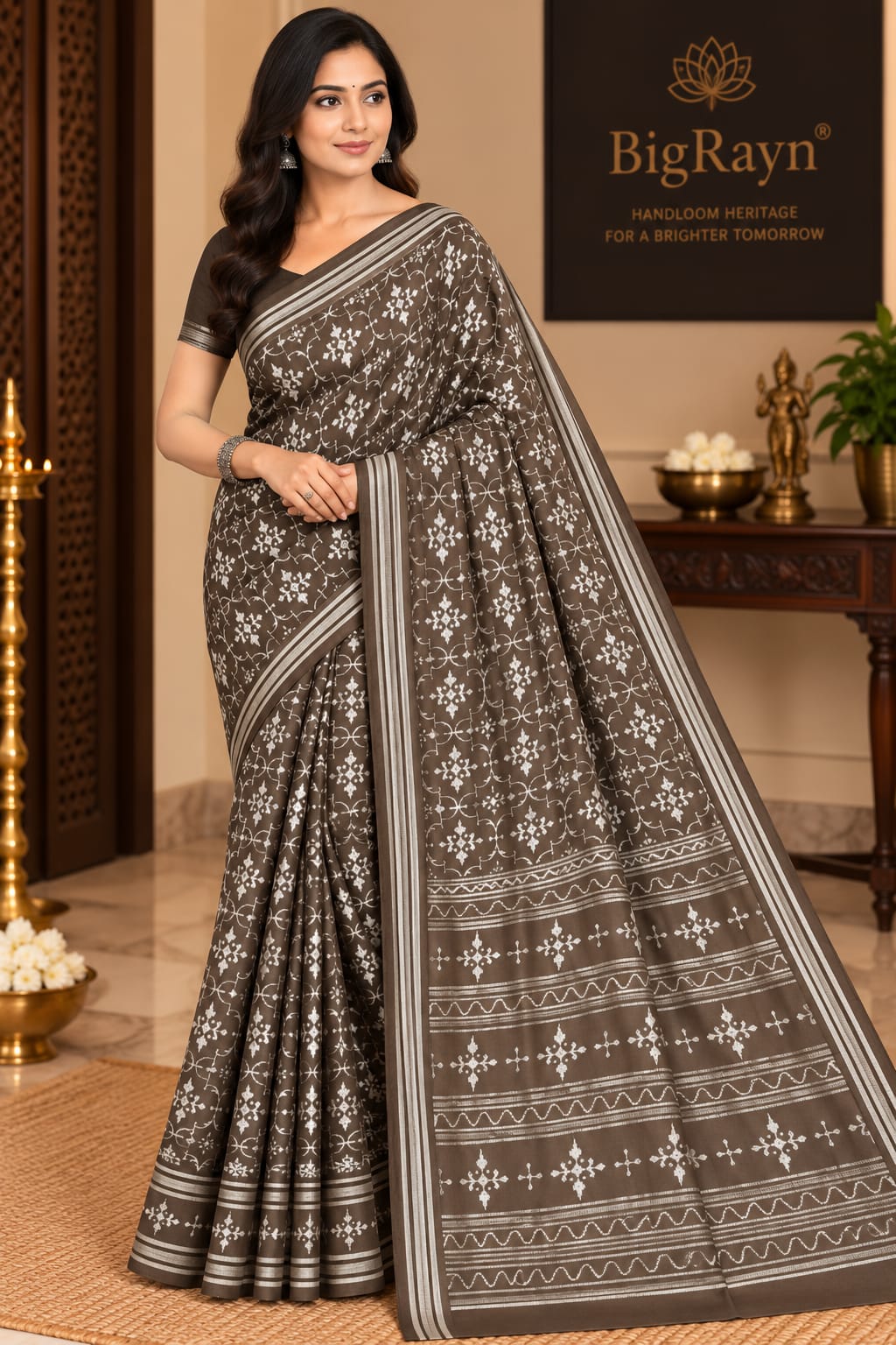 Dark Mehendi Flower Design Sambalpuri Silk Saree
