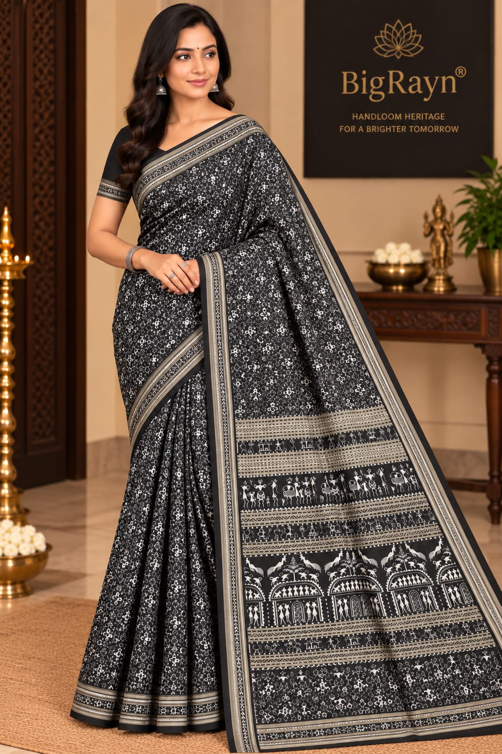 Black Silver Tribal Design Sambalpuri Silk Saree