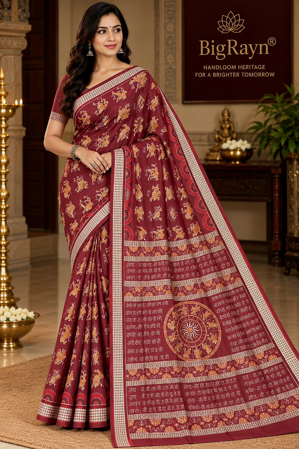 Deep Maroon Zodiac Sign Special Design Sambalpuri Silk Saree