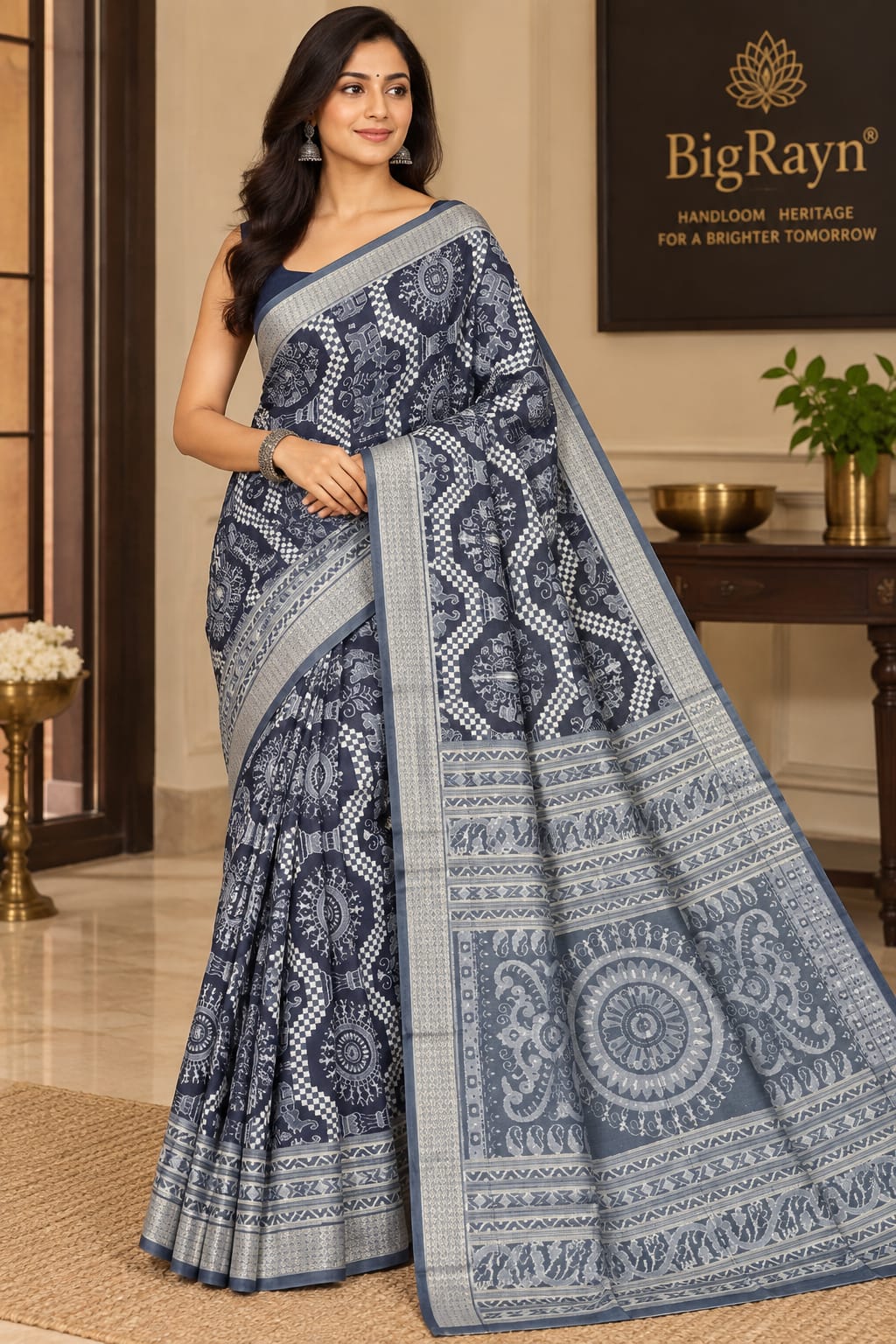 Charcoal Black & Slate Grey Handwoven Sambalpuri Silk Saree with Elephant and Tree of Life Motifs