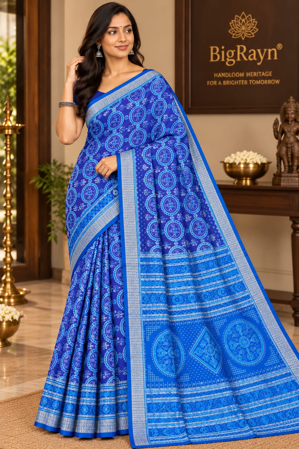 Blue Copper Sulphate Laxmi Pada And Jhoti Design Sambalpuri Silk Saree