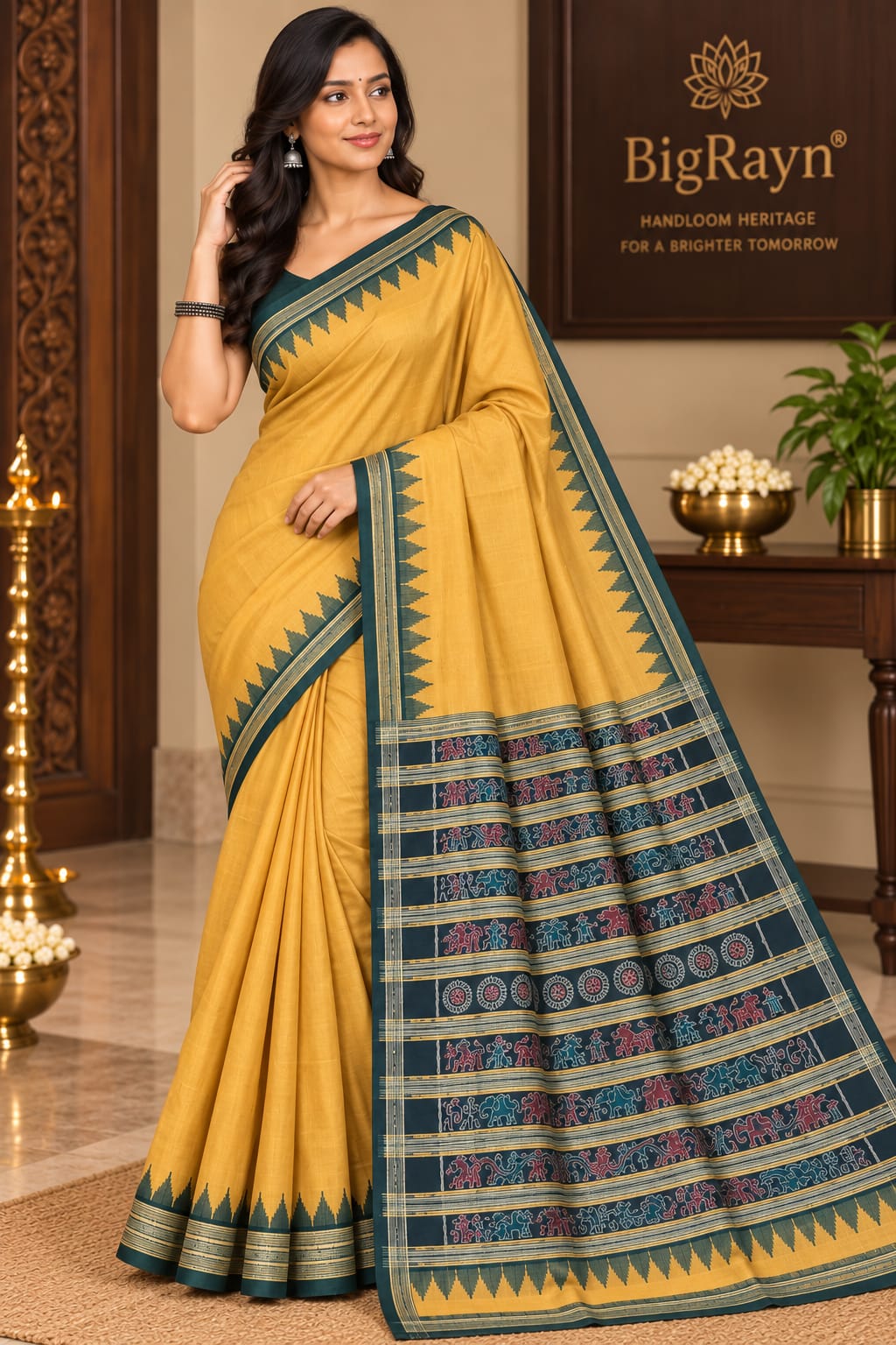 Mustard Yellow Green Ek Phulia Phoda Kumbha  Sambalpuri Silk Saree