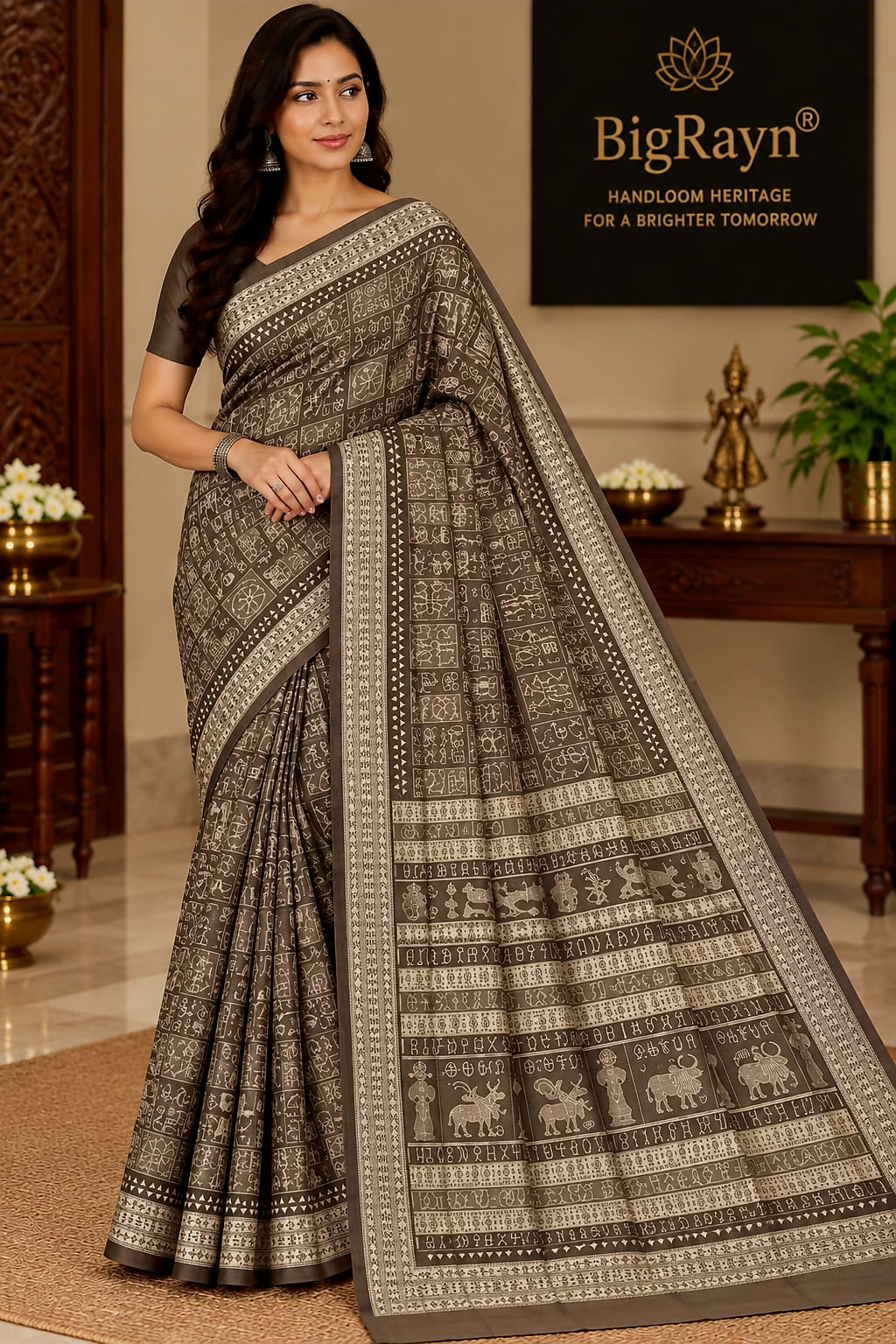 Tussar Brown and Cream Traditional Motive  Sambalpuri Silk Saree