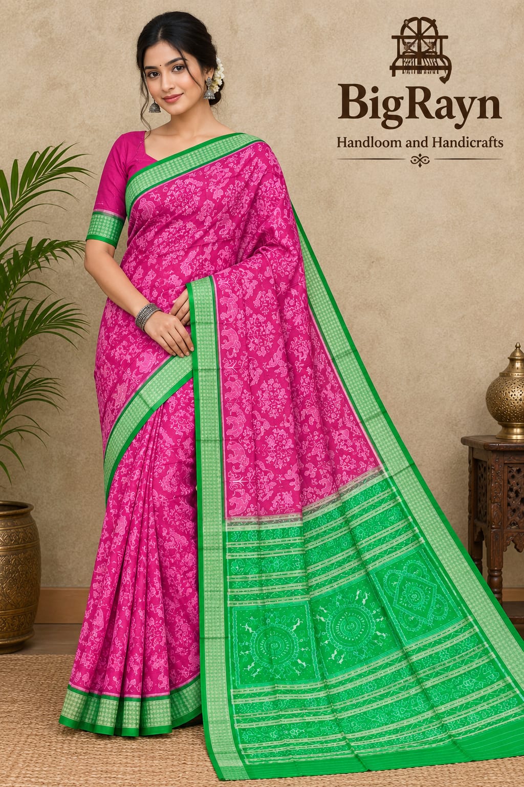 Rani Pink Green Jungle  Design Sambalpuri Silk Saree