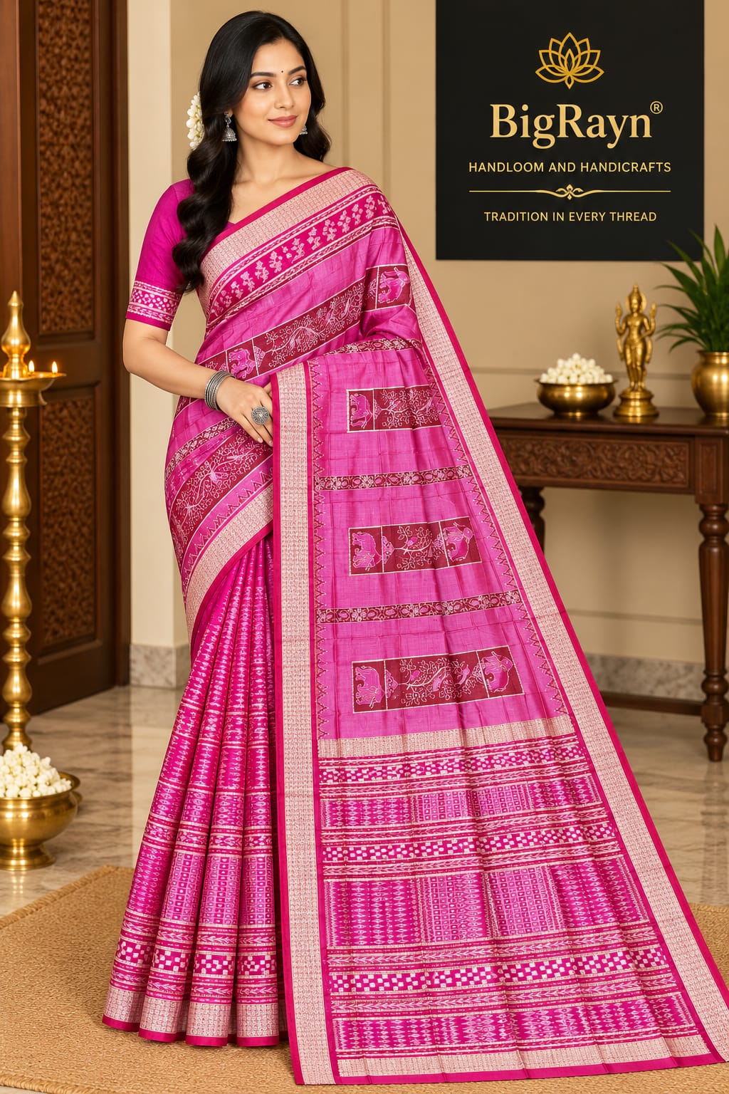 Deep Pink Magenta Half Half Jangal  Design Sambalpuri Silk Saree