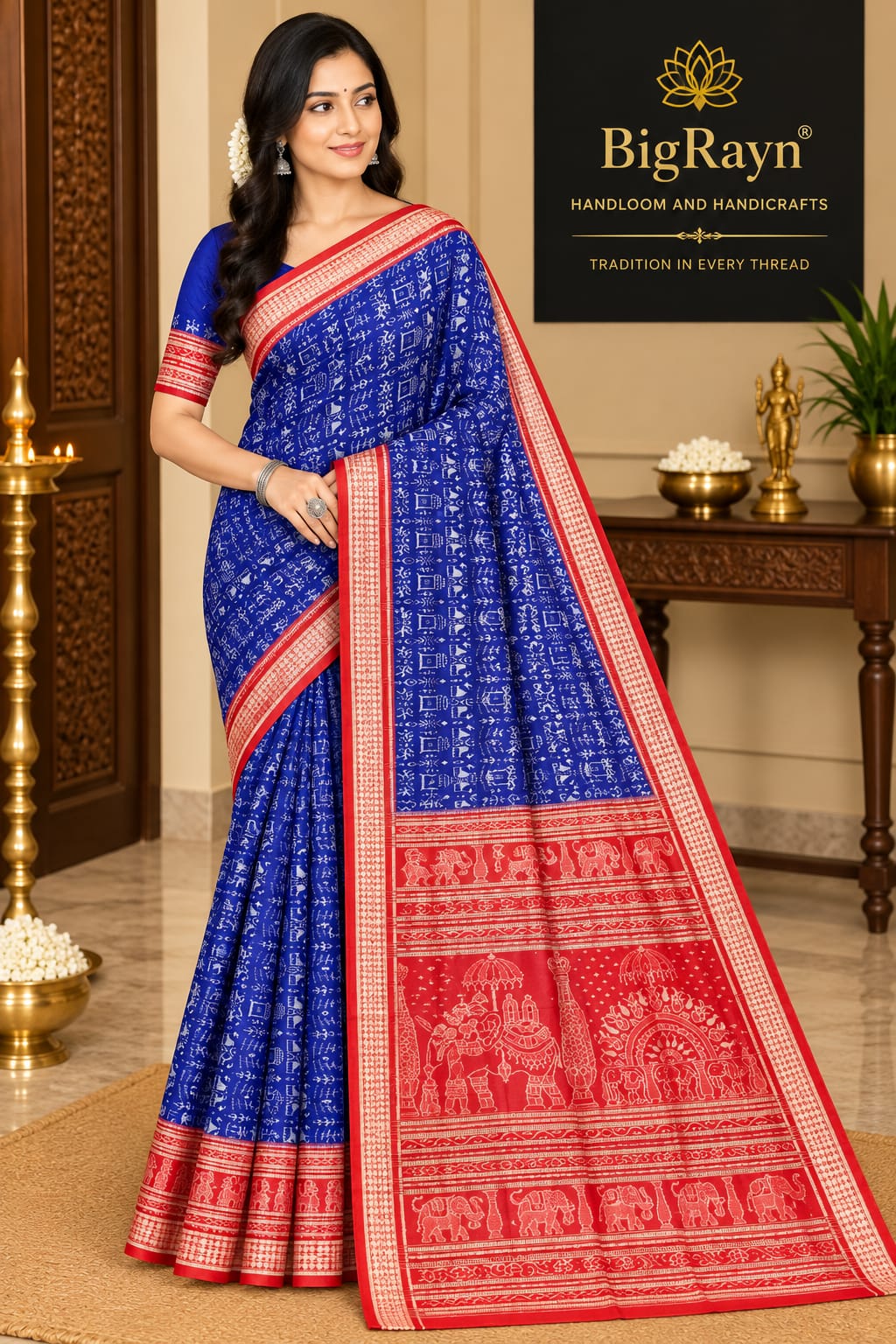 Navy Blue Red Tribal & Tree Design Sambalpuri Silk Saree