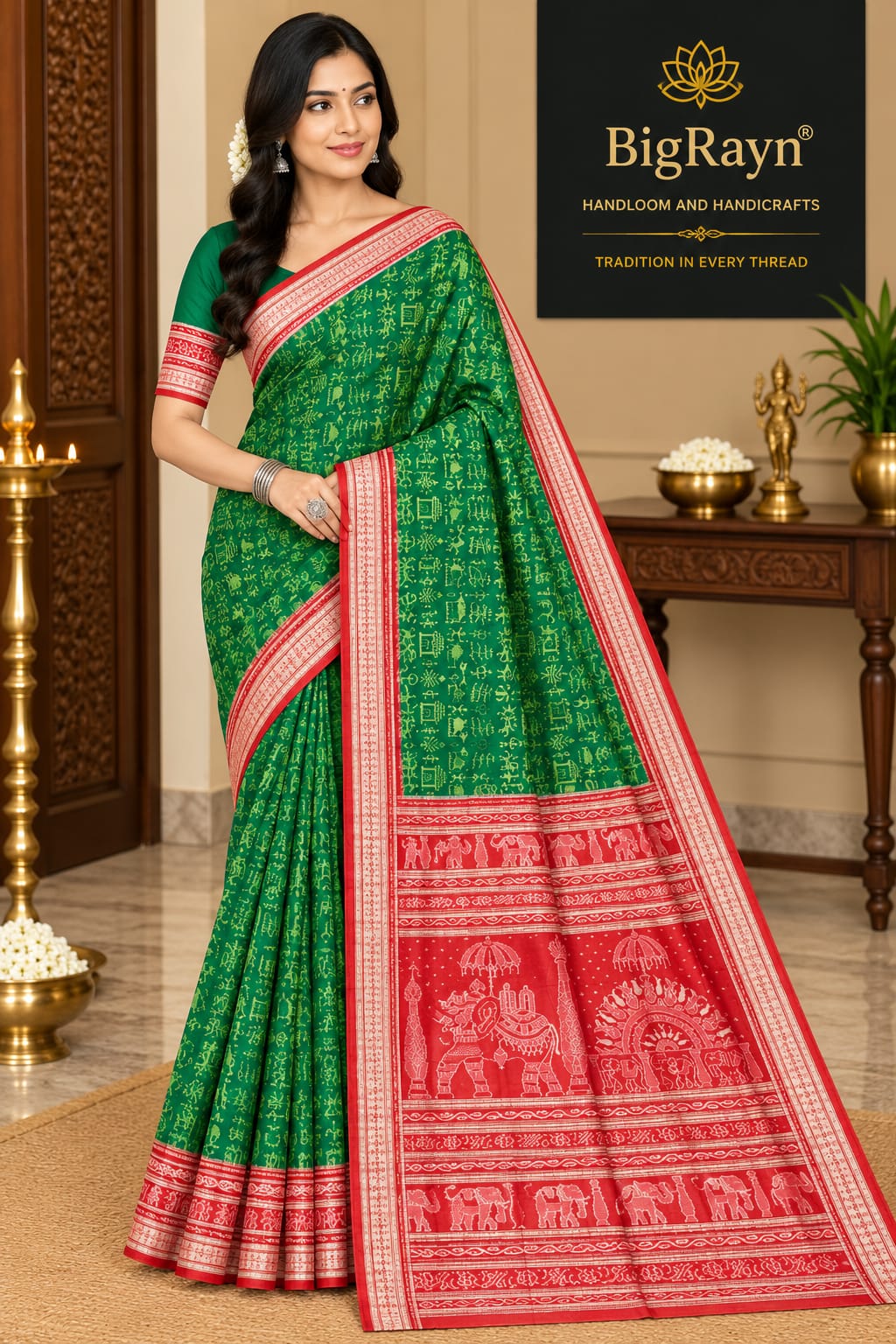 Green Red Tribal & Tree Design Sambalpuri Silk Saree