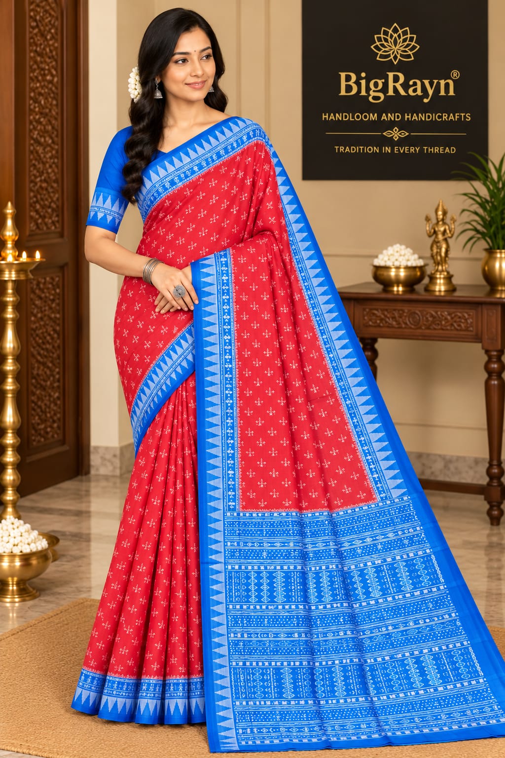 Red Copper Sulphate Tribal Design Sambalpuri Silk Saree