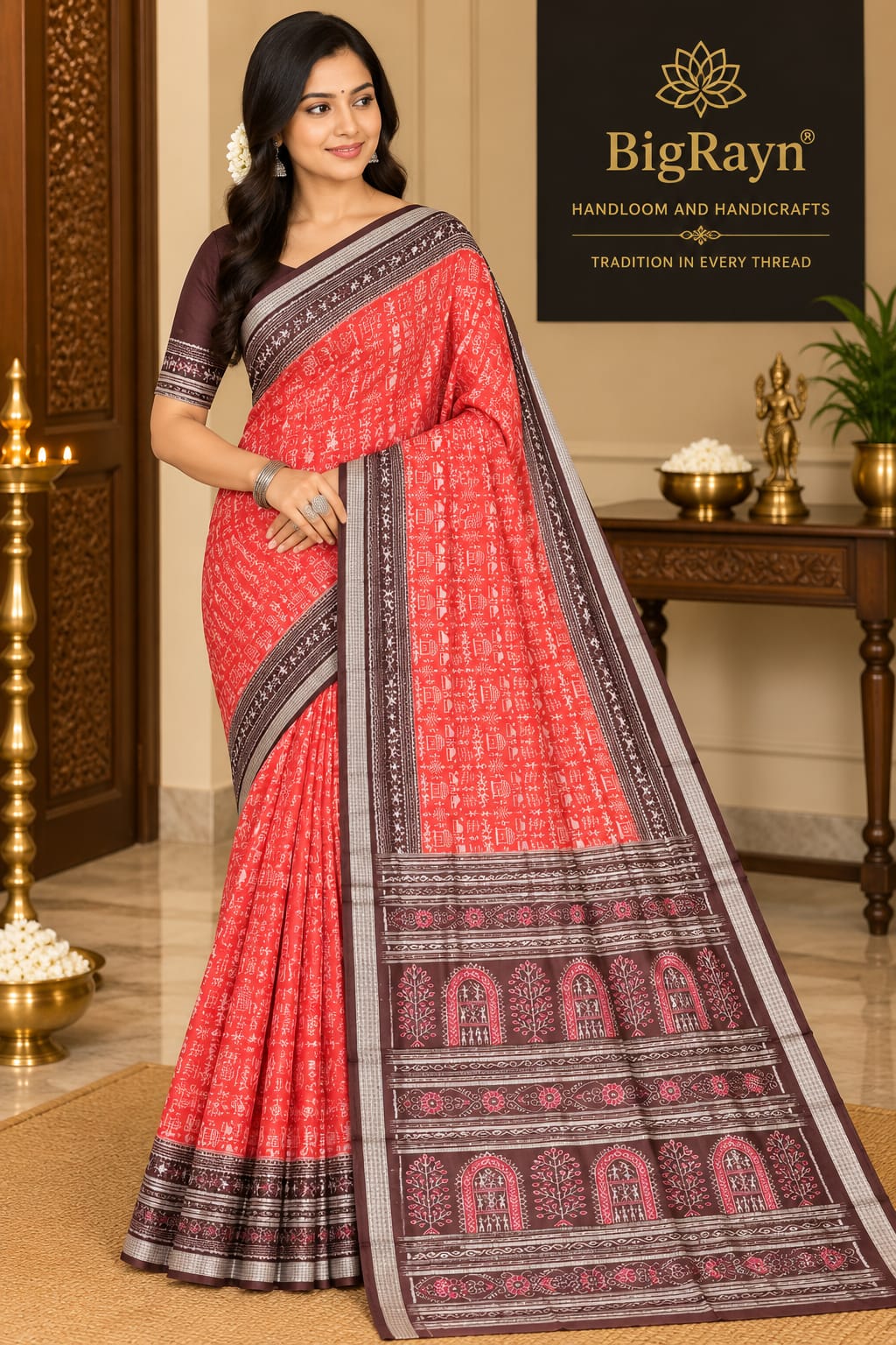 Orange Coffee Tribal & Tree Design Sambalpuri Silk Saree