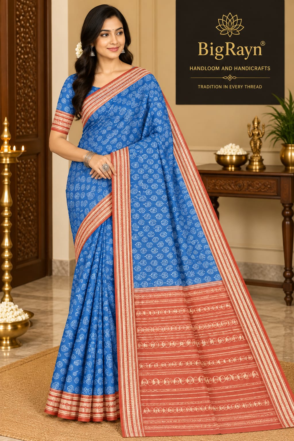 Indigo Blue Maroon Tulips Natural Dye Sambalpuri Silk Saree