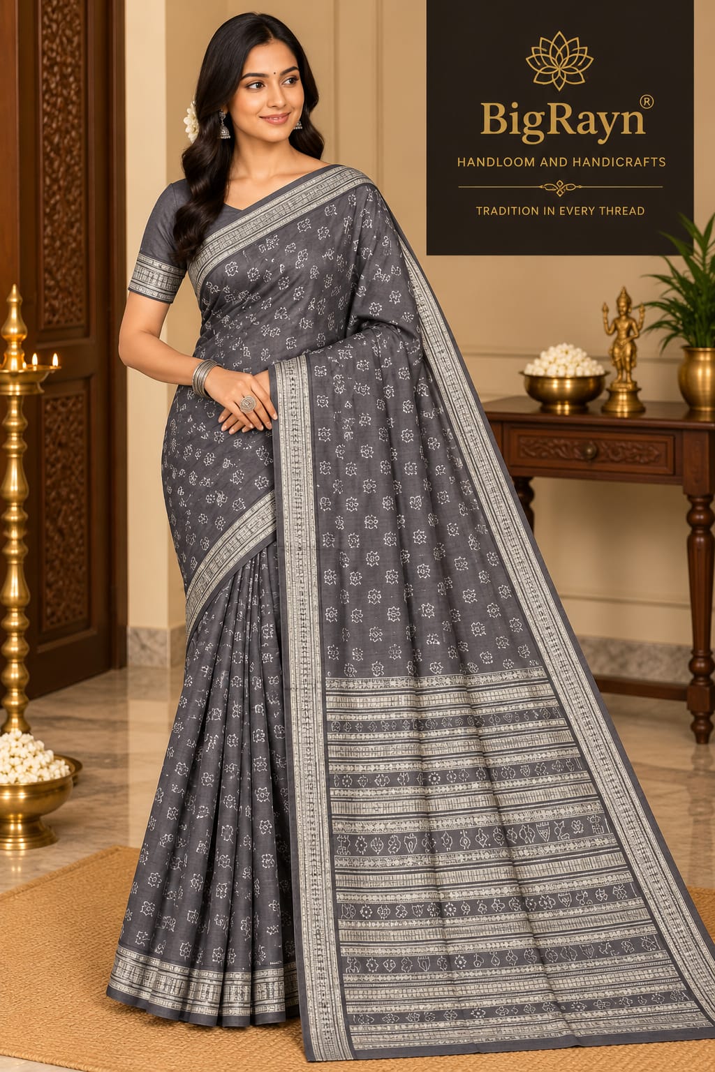 Charcoal Grey Mapple Leaf Natural Dye Sambalpuri Silk Saree