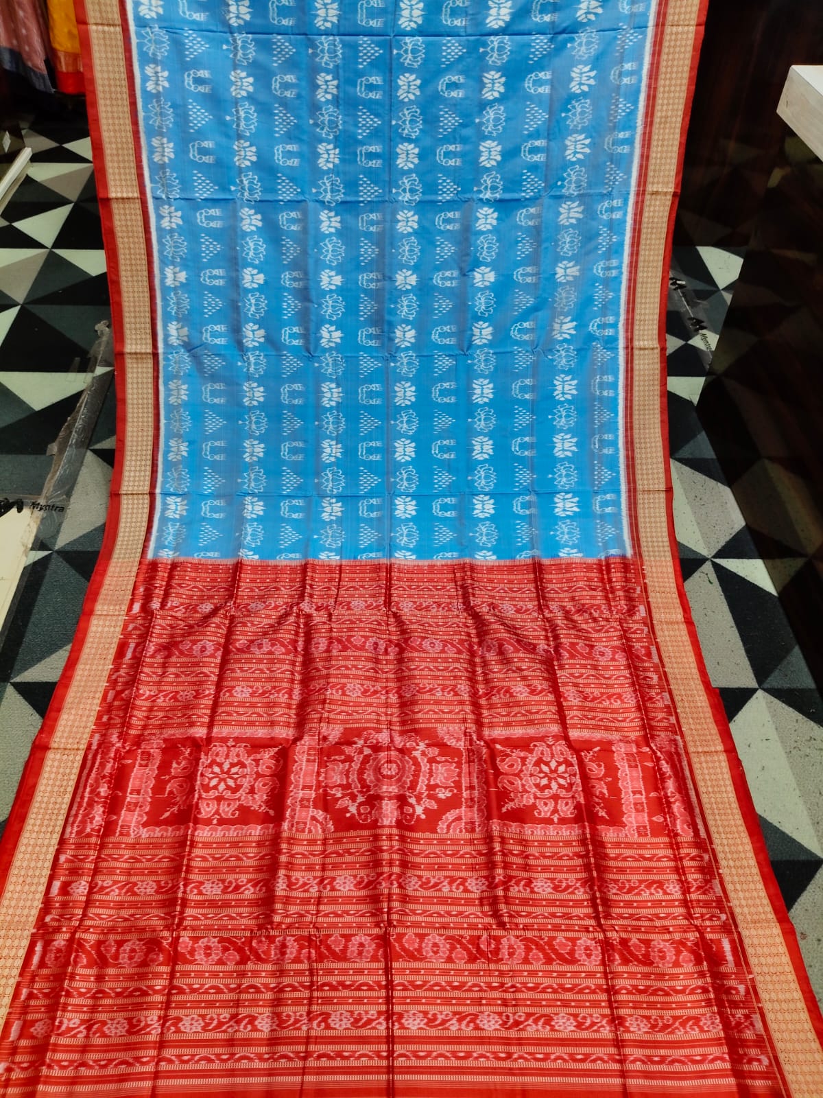 Sky Blue Red Laxmi Pada And Jhoti Design Sambalpuri Silk Saree