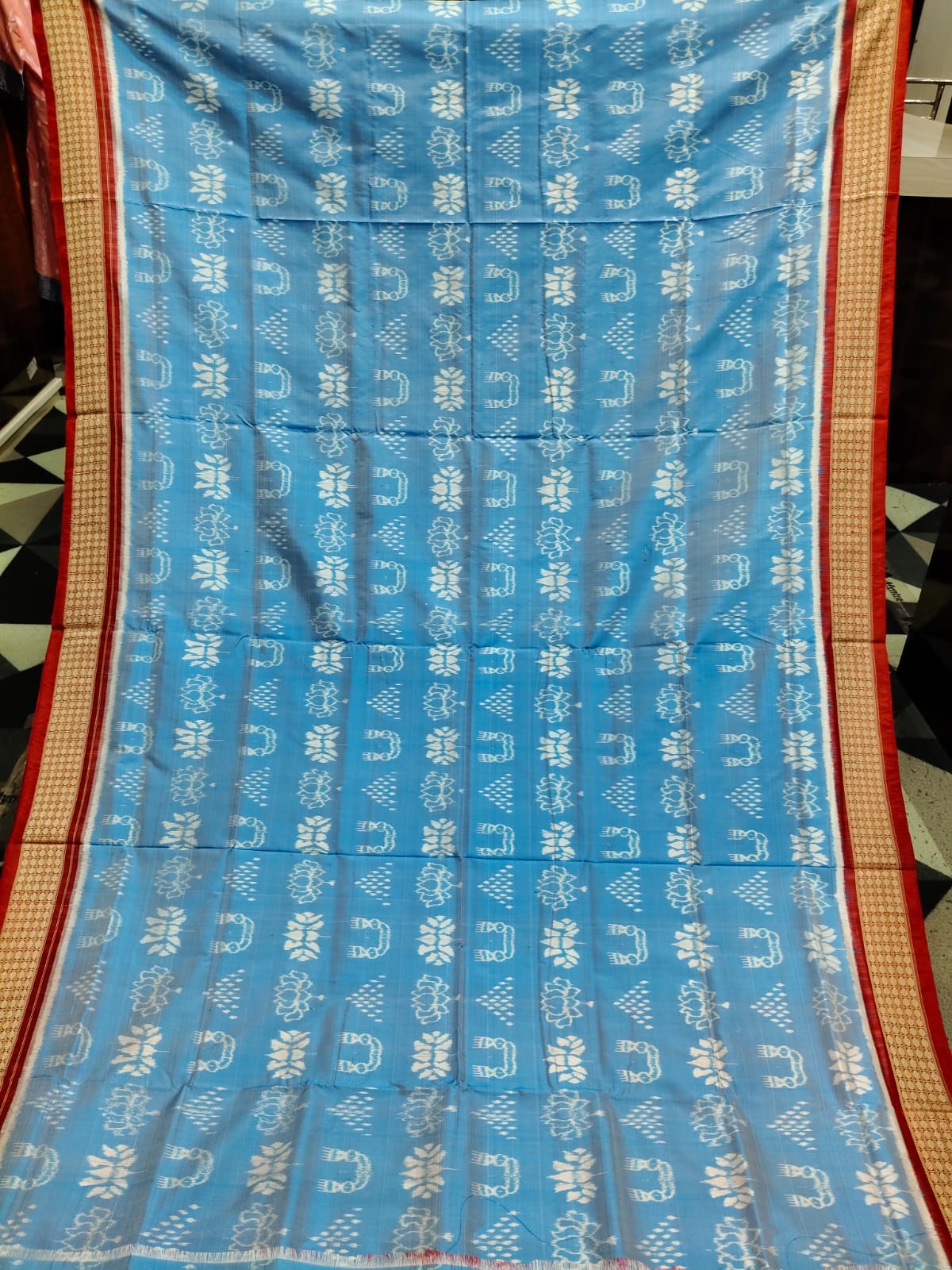 Sky Blue Red Laxmi Pada And Jhoti Design Sambalpuri Silk Saree