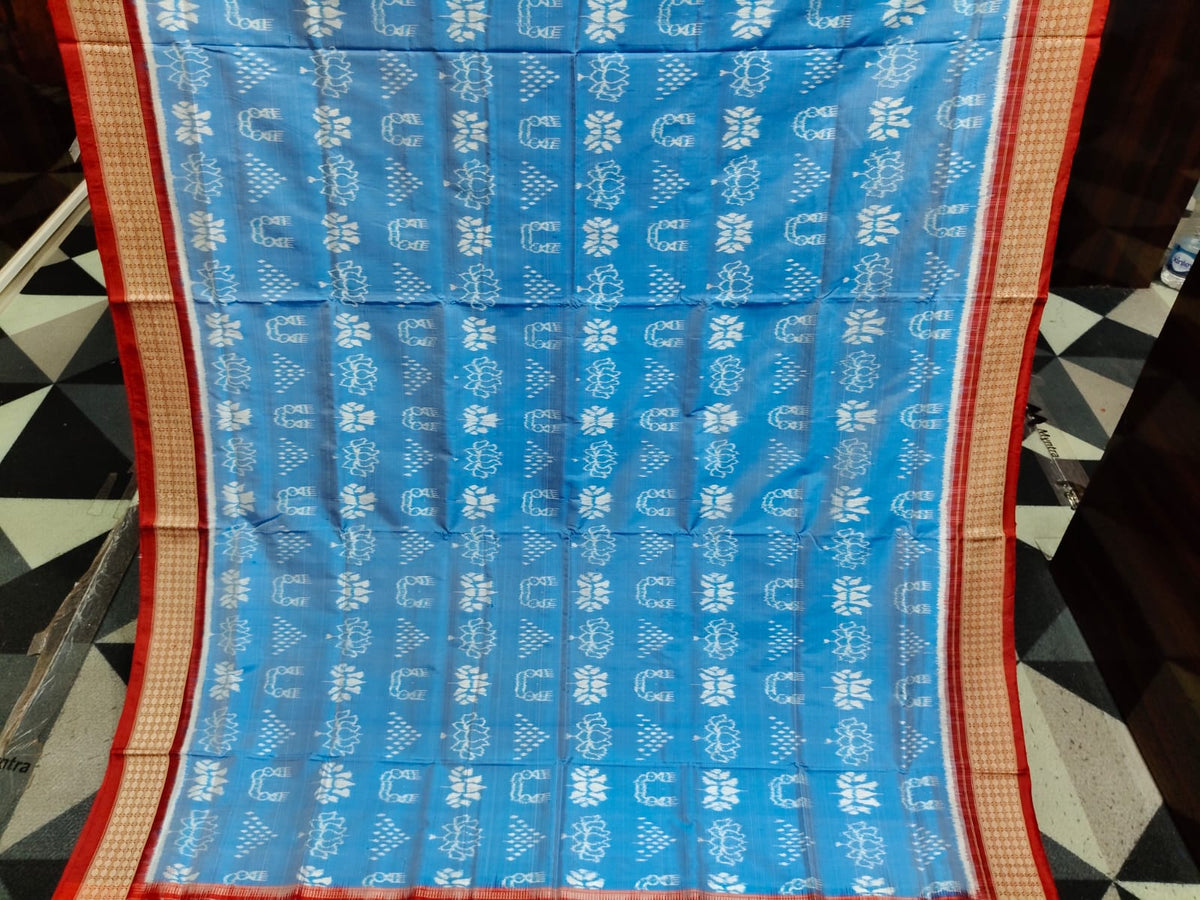 Sky Blue Red Laxmi Pada And Jhoti Design Sambalpuri Silk Saree