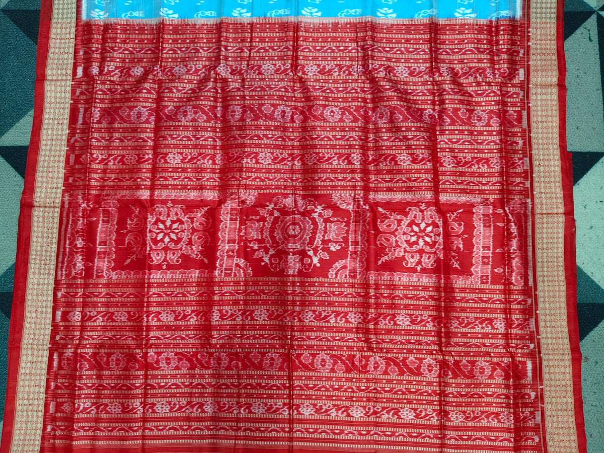 Sky Blue Red Laxmi Pada And Jhoti Design Sambalpuri Silk Saree