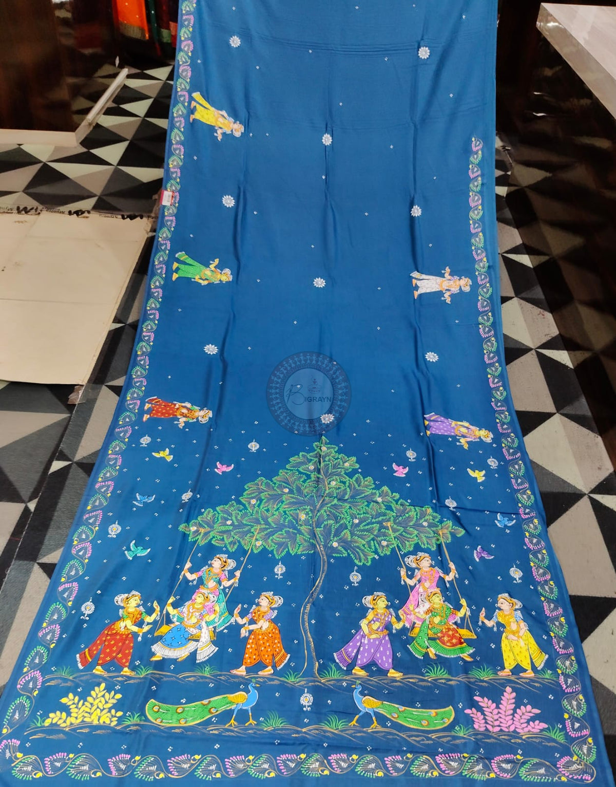 Teal Blue Raja Doli Theme Pattachitra Khadi Silk Saree