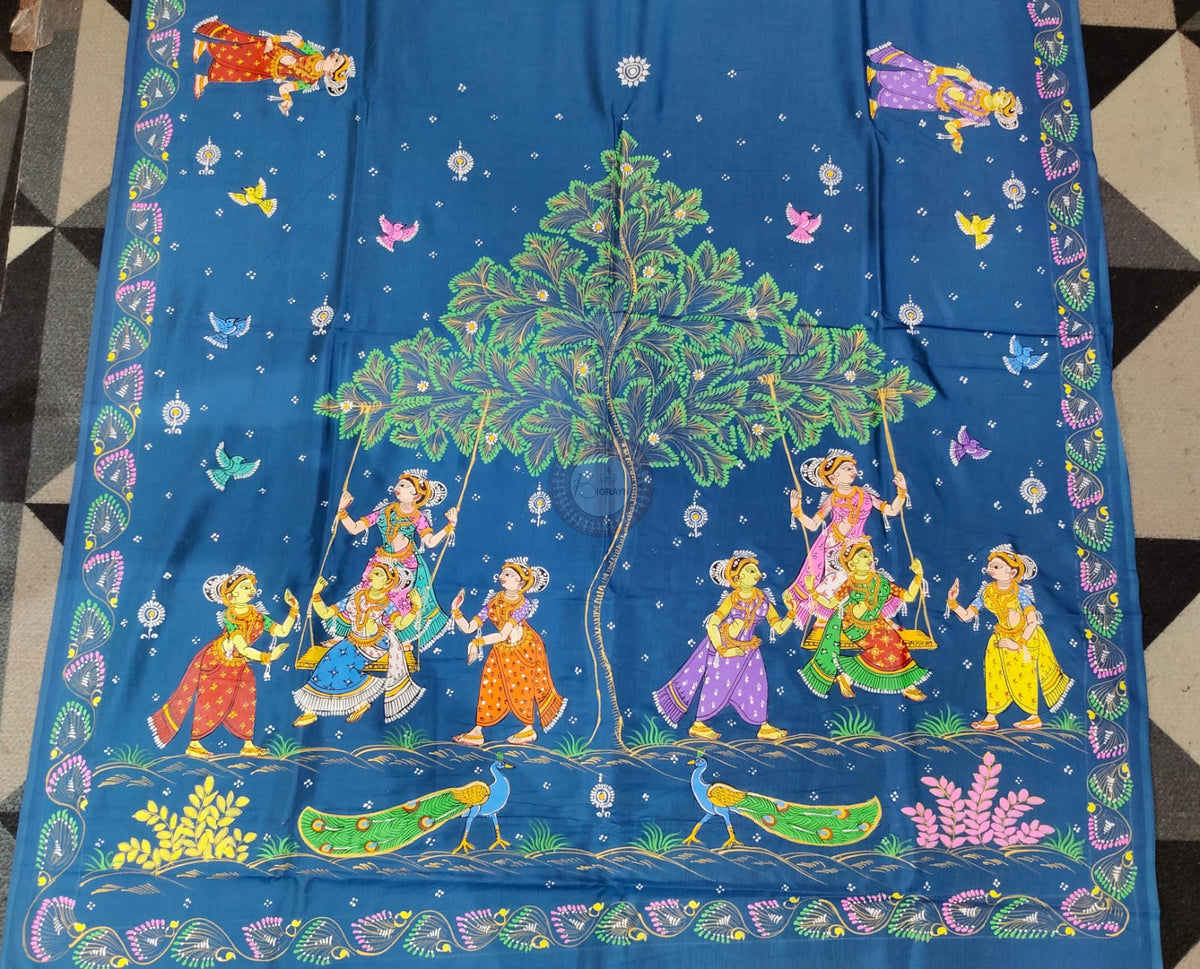 Teal Blue Raja Doli Theme Pattachitra Khadi Silk Saree
