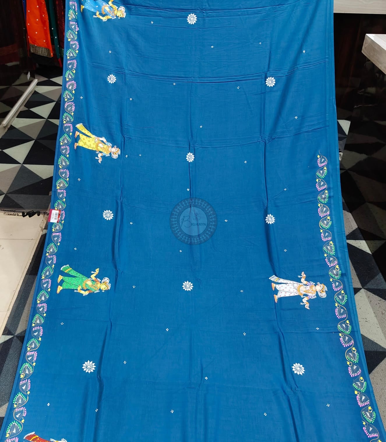 Teal Blue Raja Doli Theme Pattachitra Khadi Silk Saree
