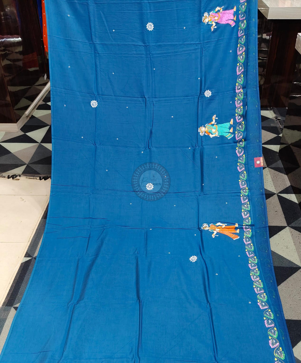 Teal Blue Raja Doli Theme Pattachitra Khadi Silk Saree