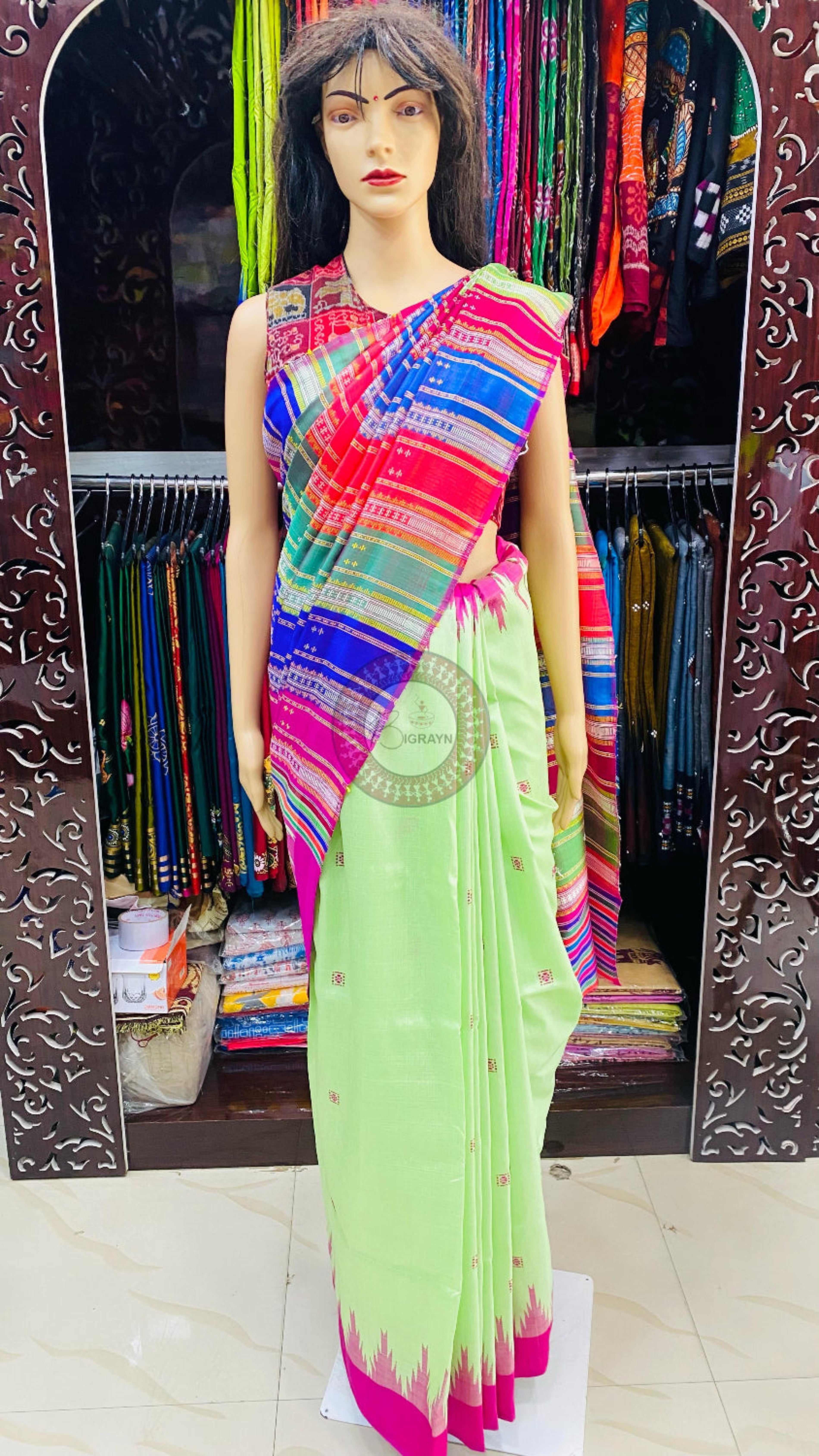 Pista Green Multicolour Border Double Anchal Berhampuri Silk Saree