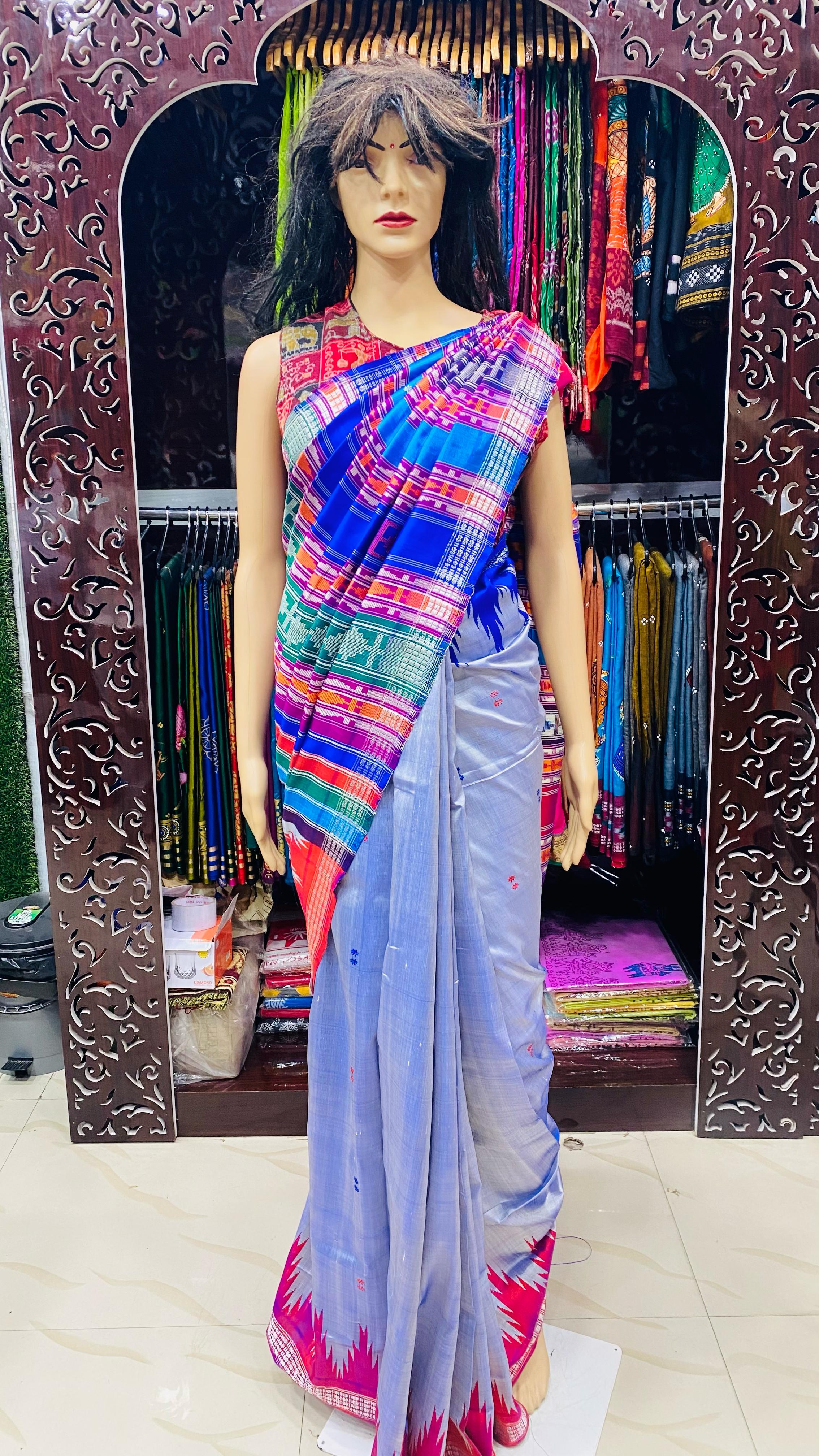 Purplish Blue Yellow Double Anchal Berhampuri Silk Saree