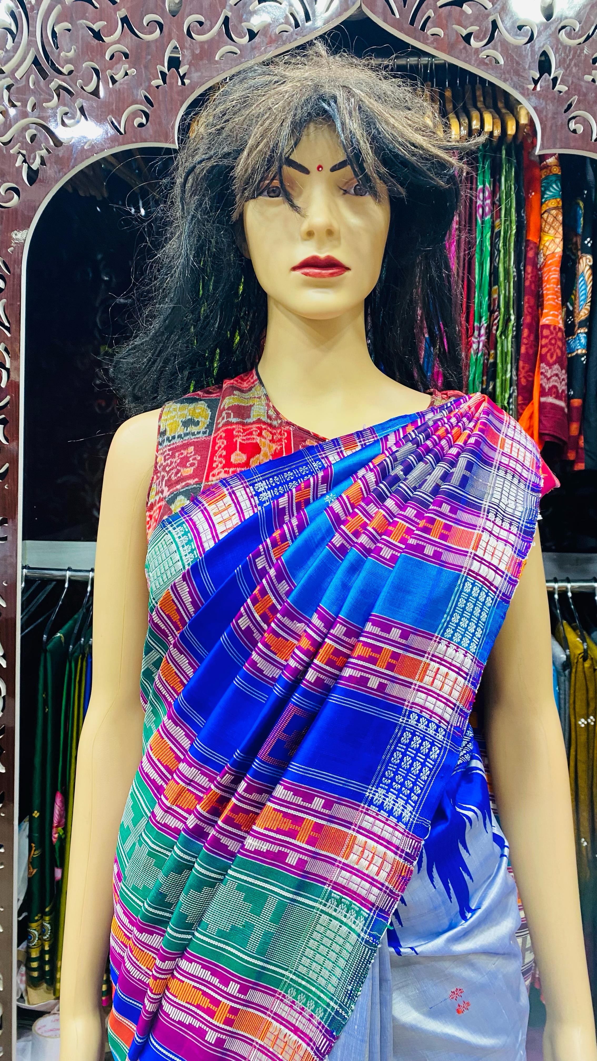 Purplish Blue Yellow Double Anchal Berhampuri Silk Saree