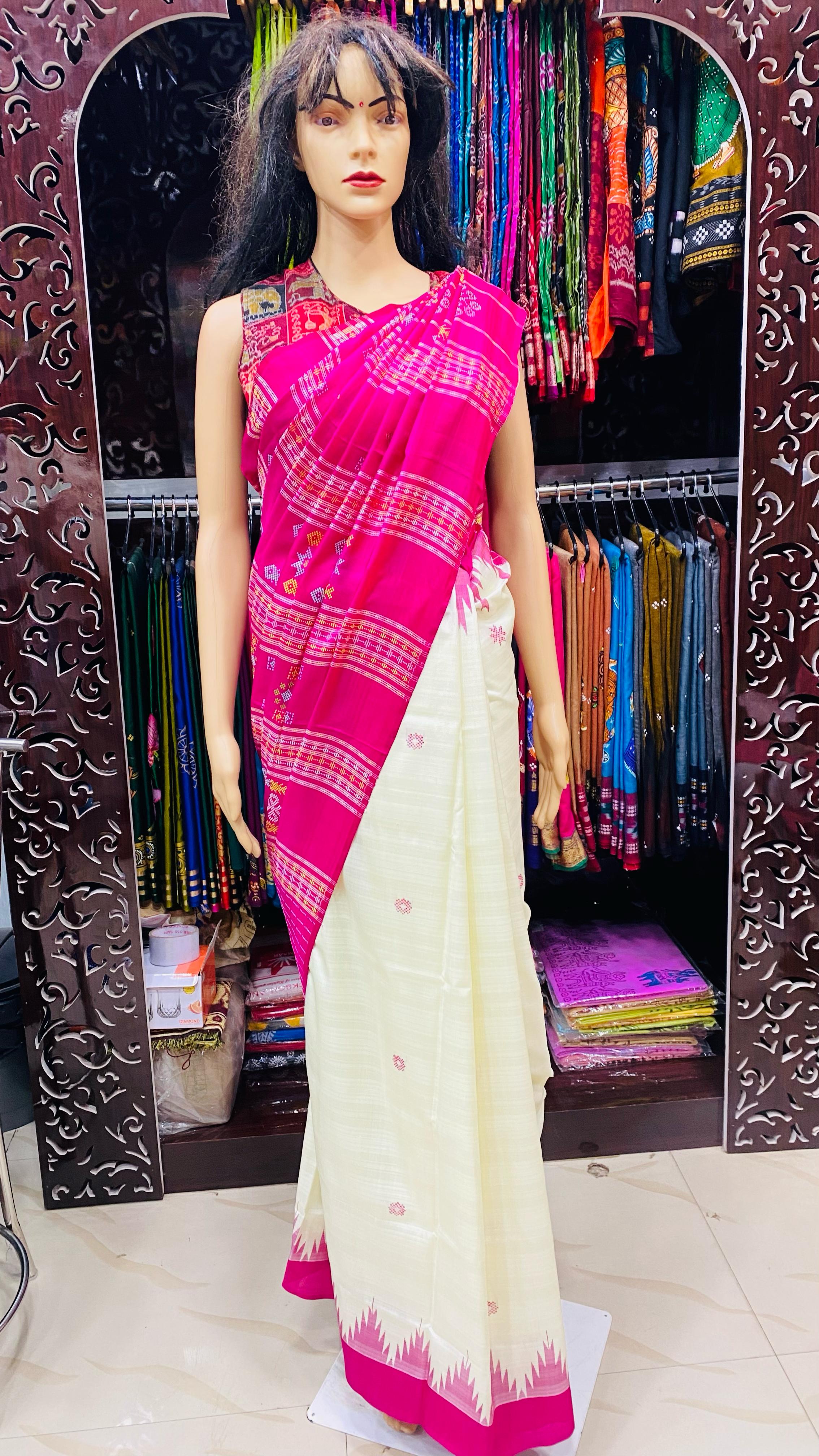 White Magenta Border Multicolour Anchal Berhampuri Silk Saree