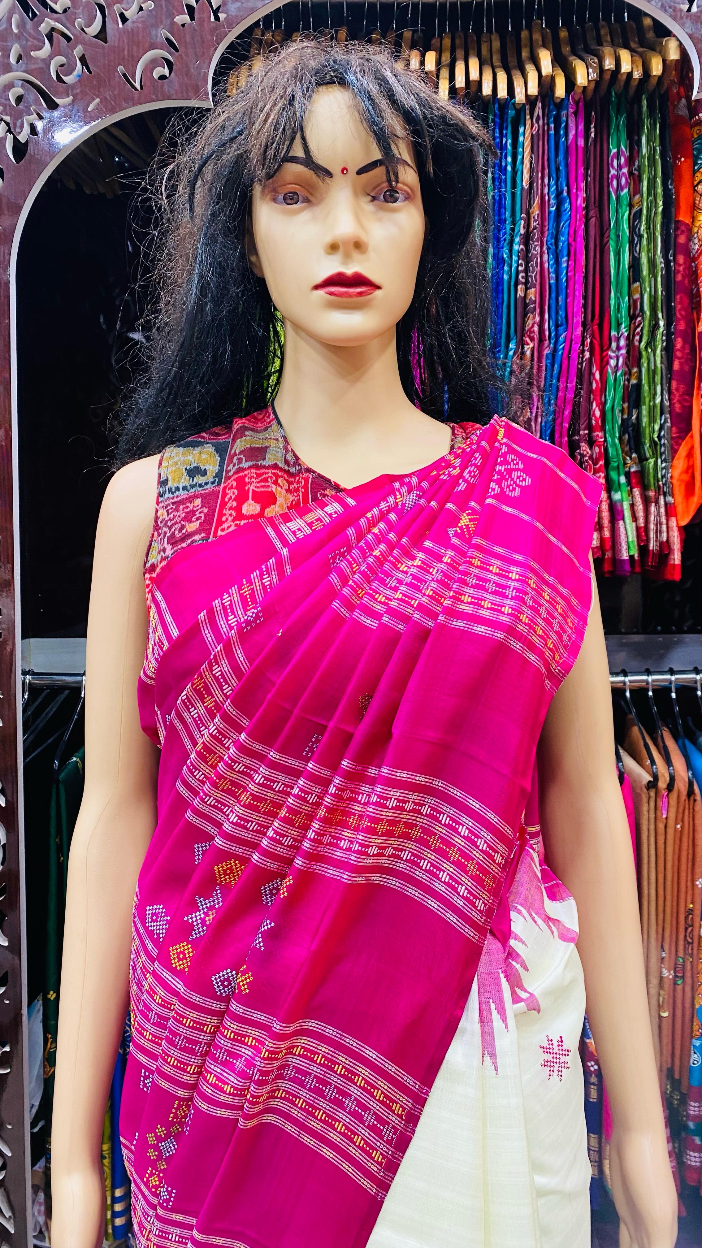 White Magenta Border Multicolour Anchal Berhampuri Silk Saree