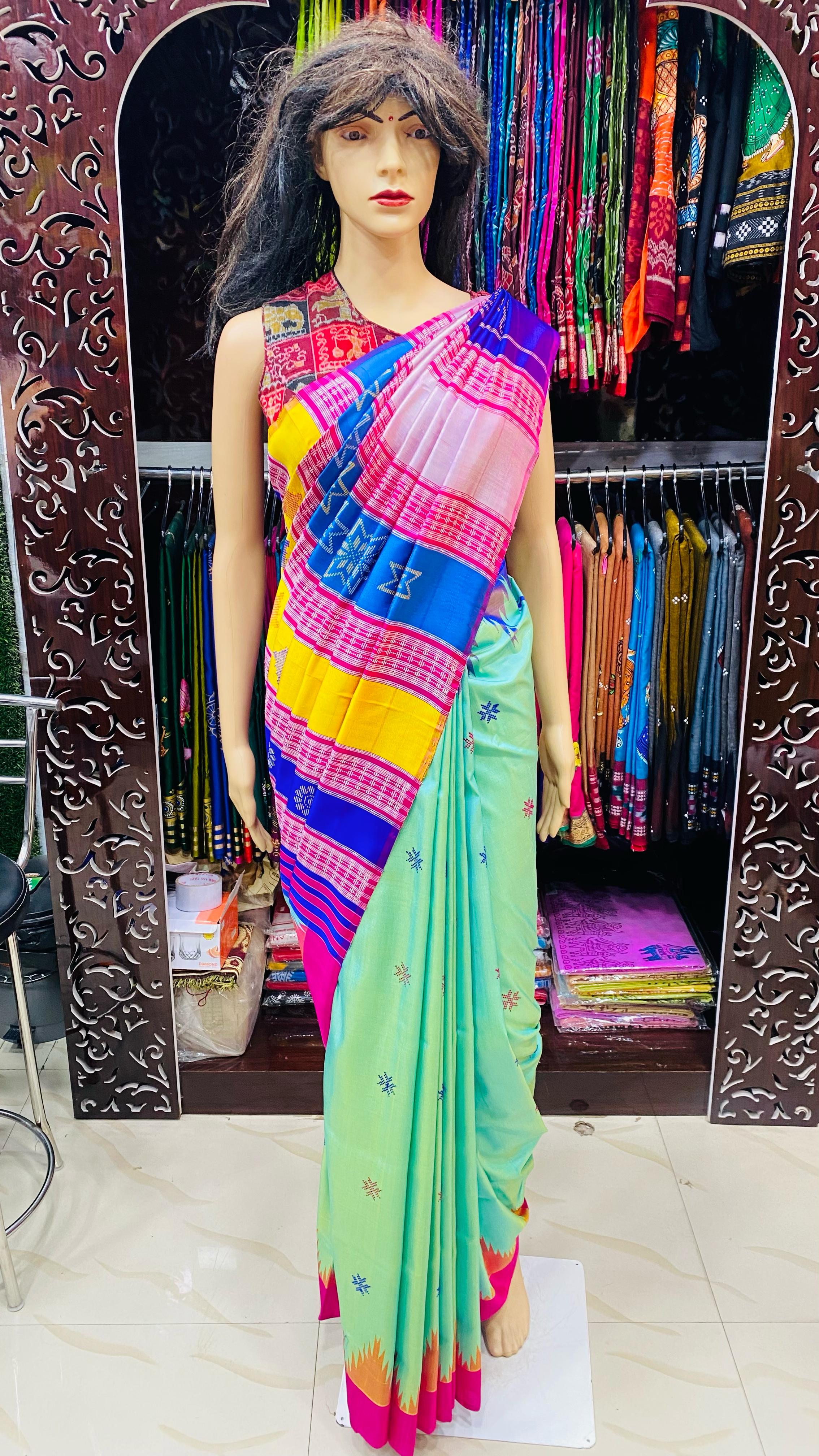 Aqua Blue Multi Colour Double Anchal Berhampuri Silk Saree